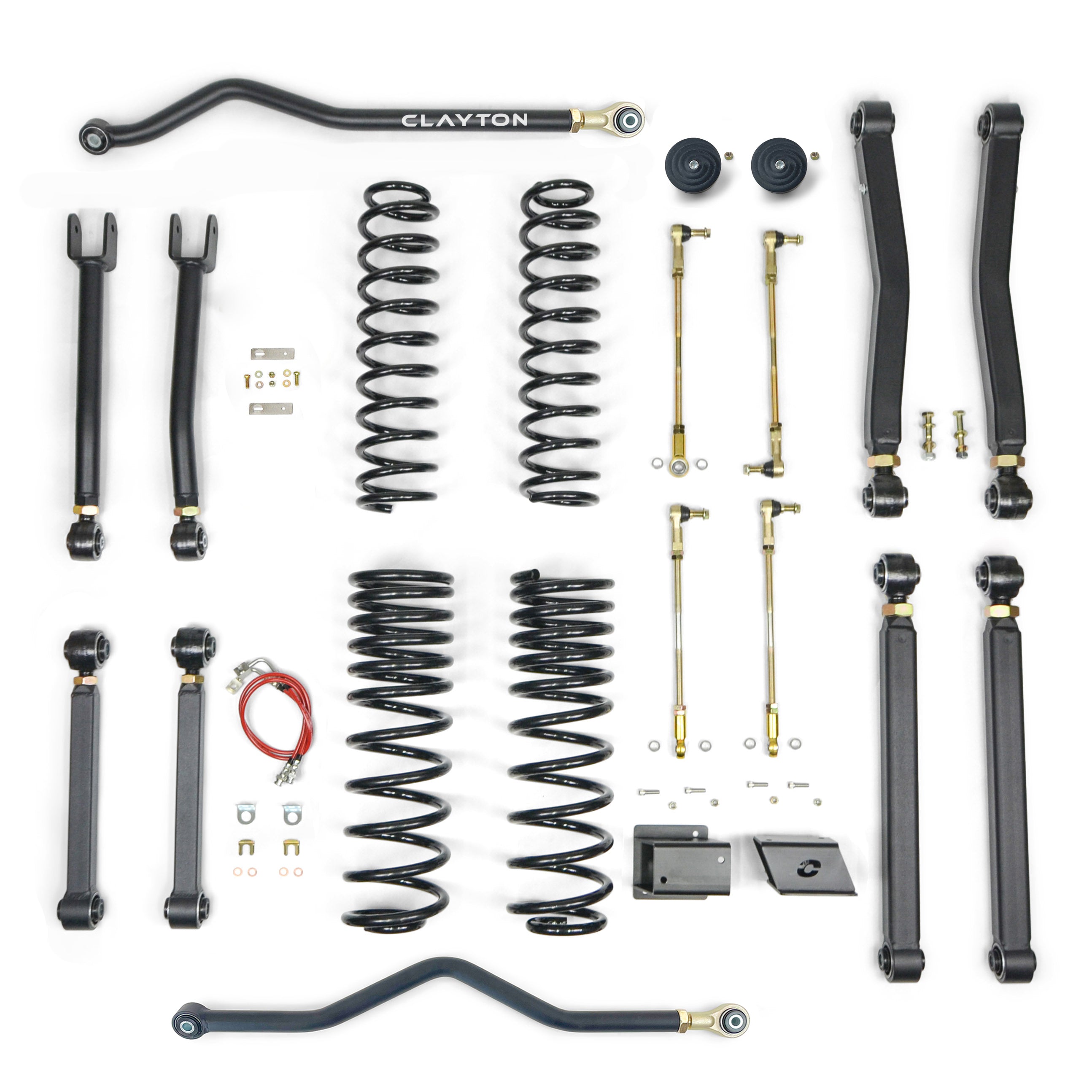 Off-road vehicle suspension lift kit with control arms, coil springs, sway bars, and hardware
