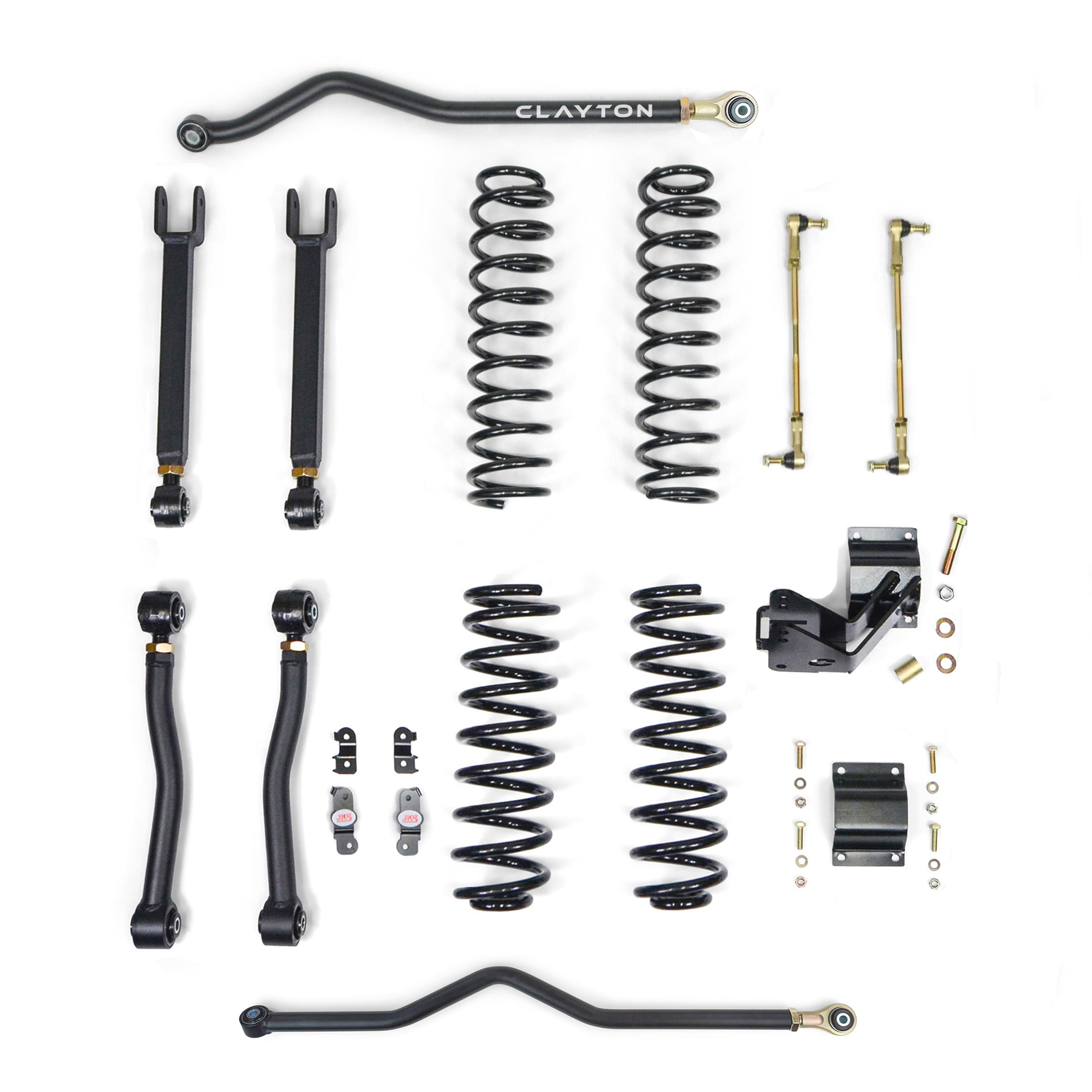 Complete suspension lift kit with coil springs, control arms, sway bar links, and hardware
