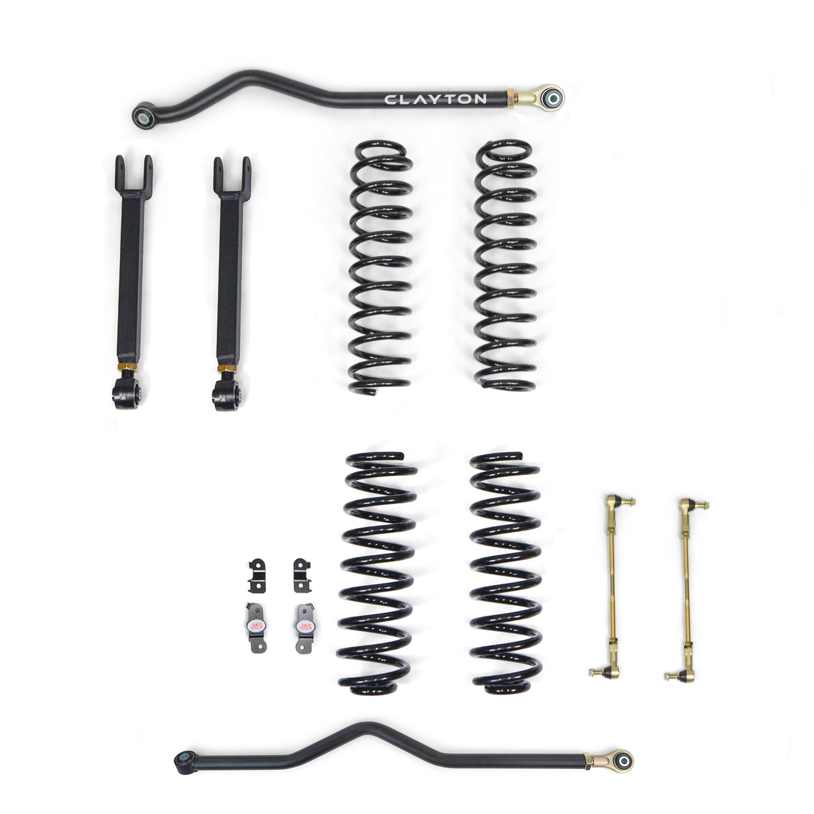 Jeep suspension lift kit with coil springs, control arms, sway bar links, and brackets