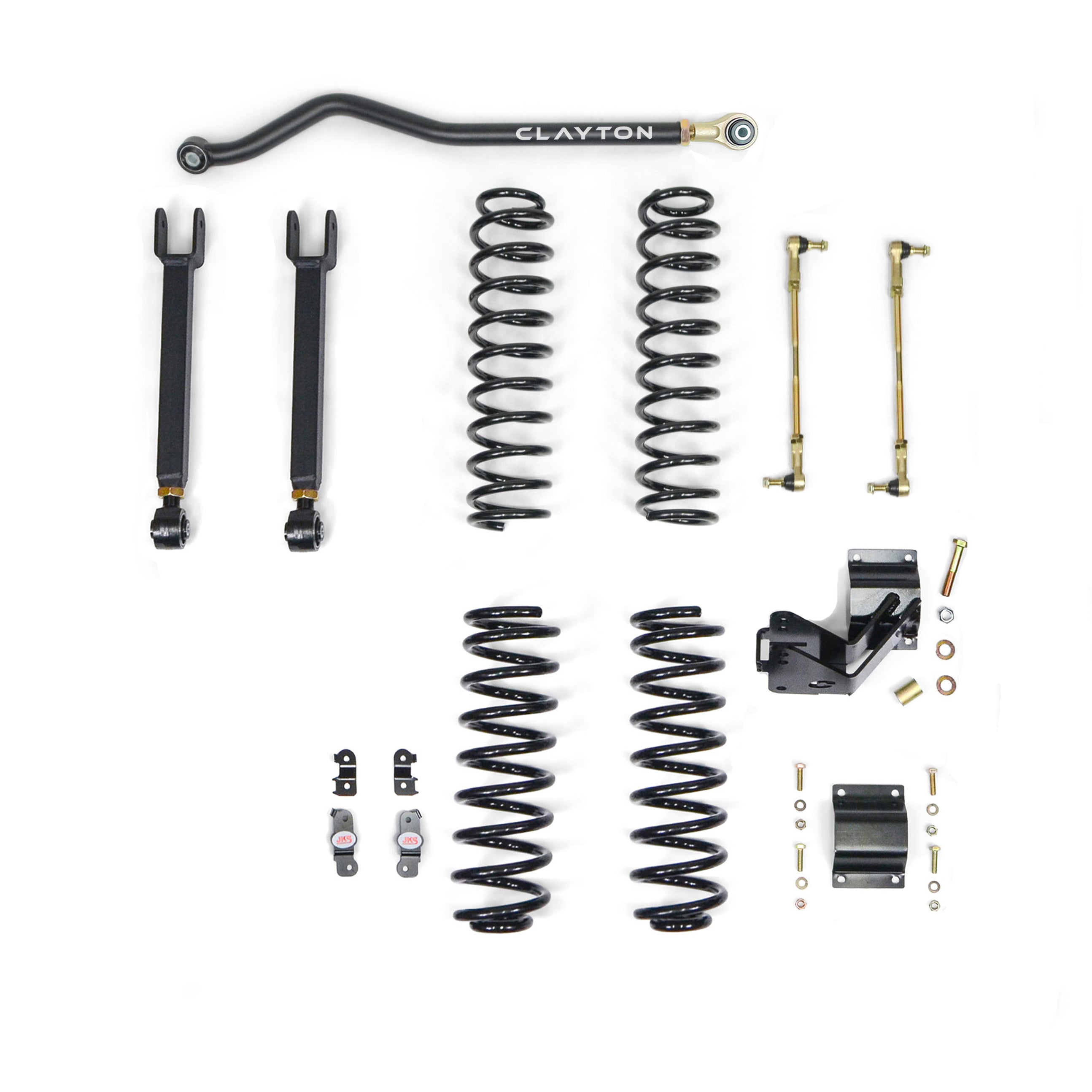 Jeep Wrangler lift kit with coil springs, control arms, sway bar, and hardware on white background