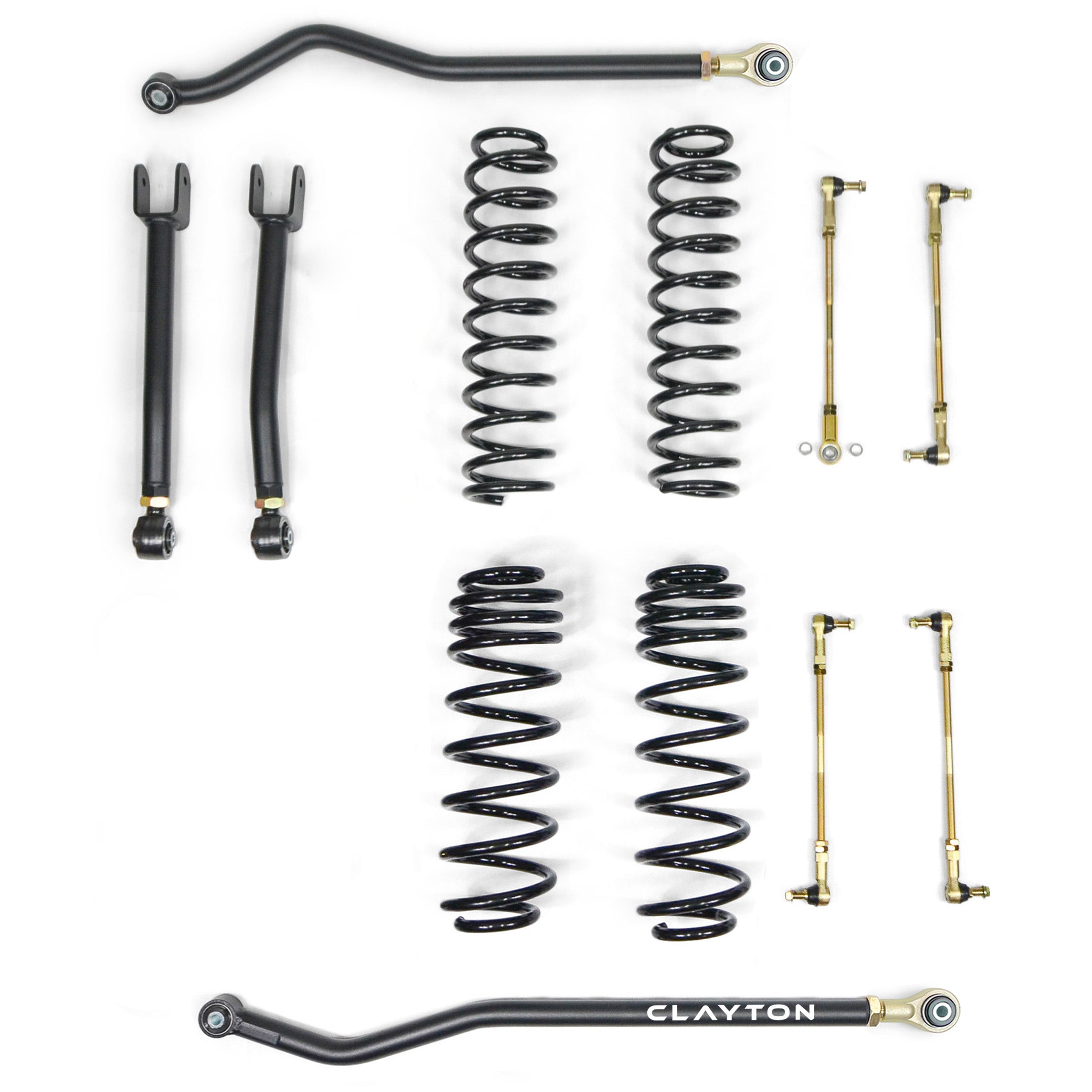 Jeep suspension lift kit with control arms, sway bar links, and coil springs on white background