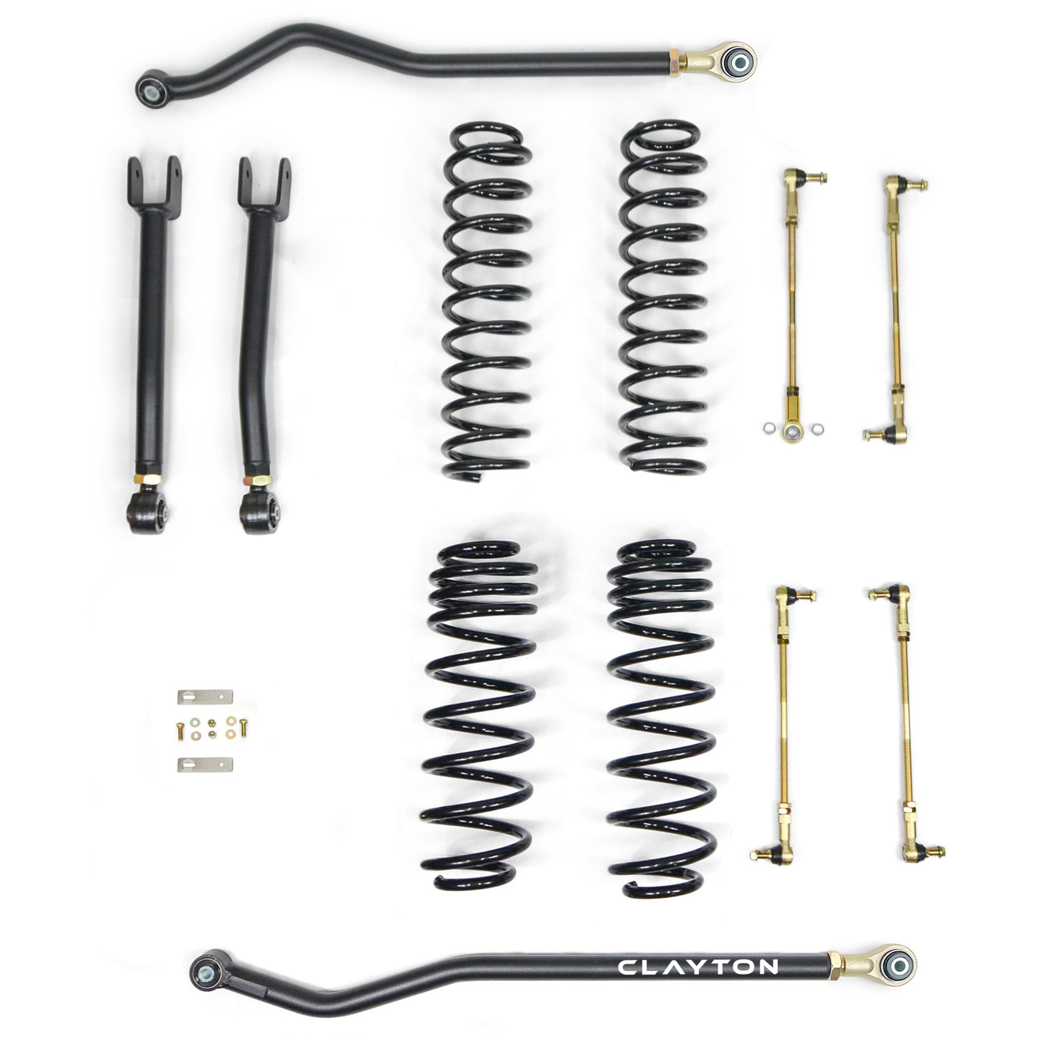 Jeep Wrangler suspension lift kit with springs, control arms, track bars, and links on white background