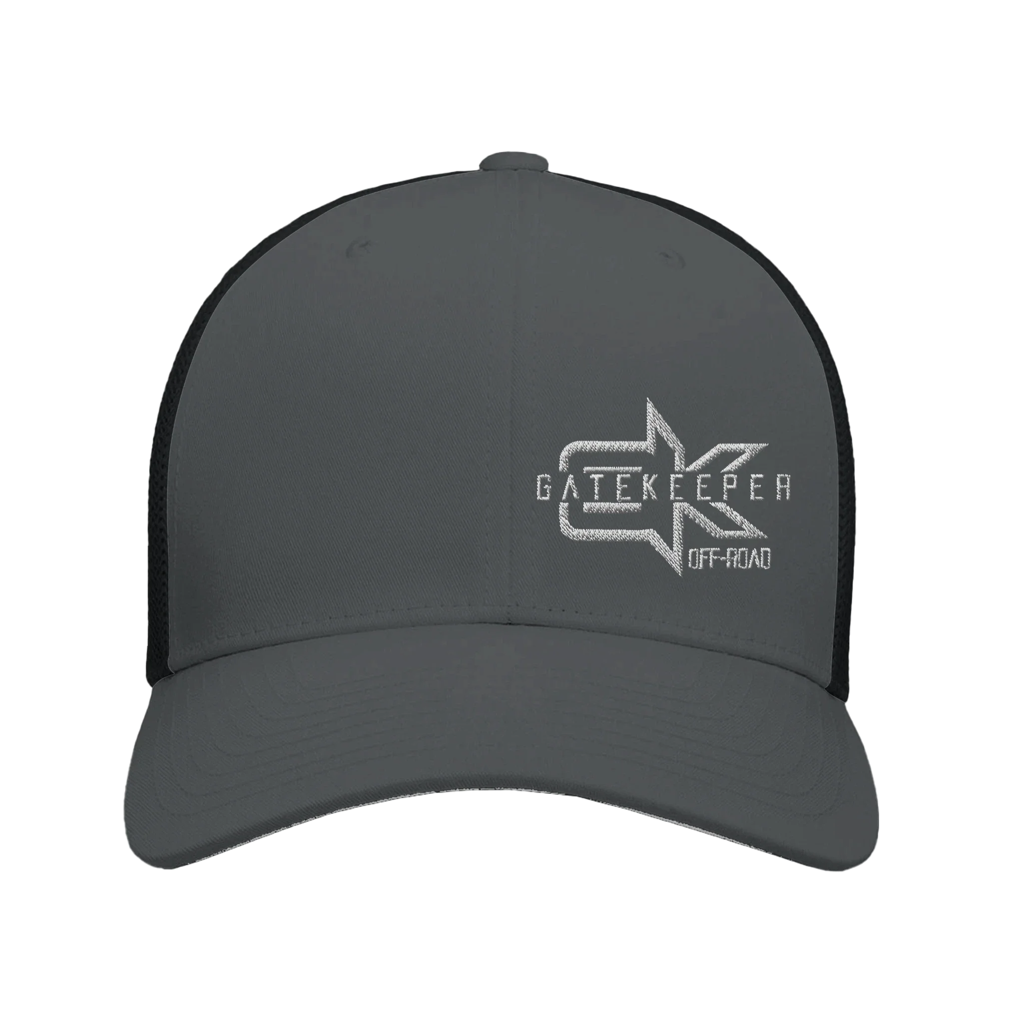 Gray mesh trucker cap with Gatekeeper Off-Road embroidered logo for overlanding