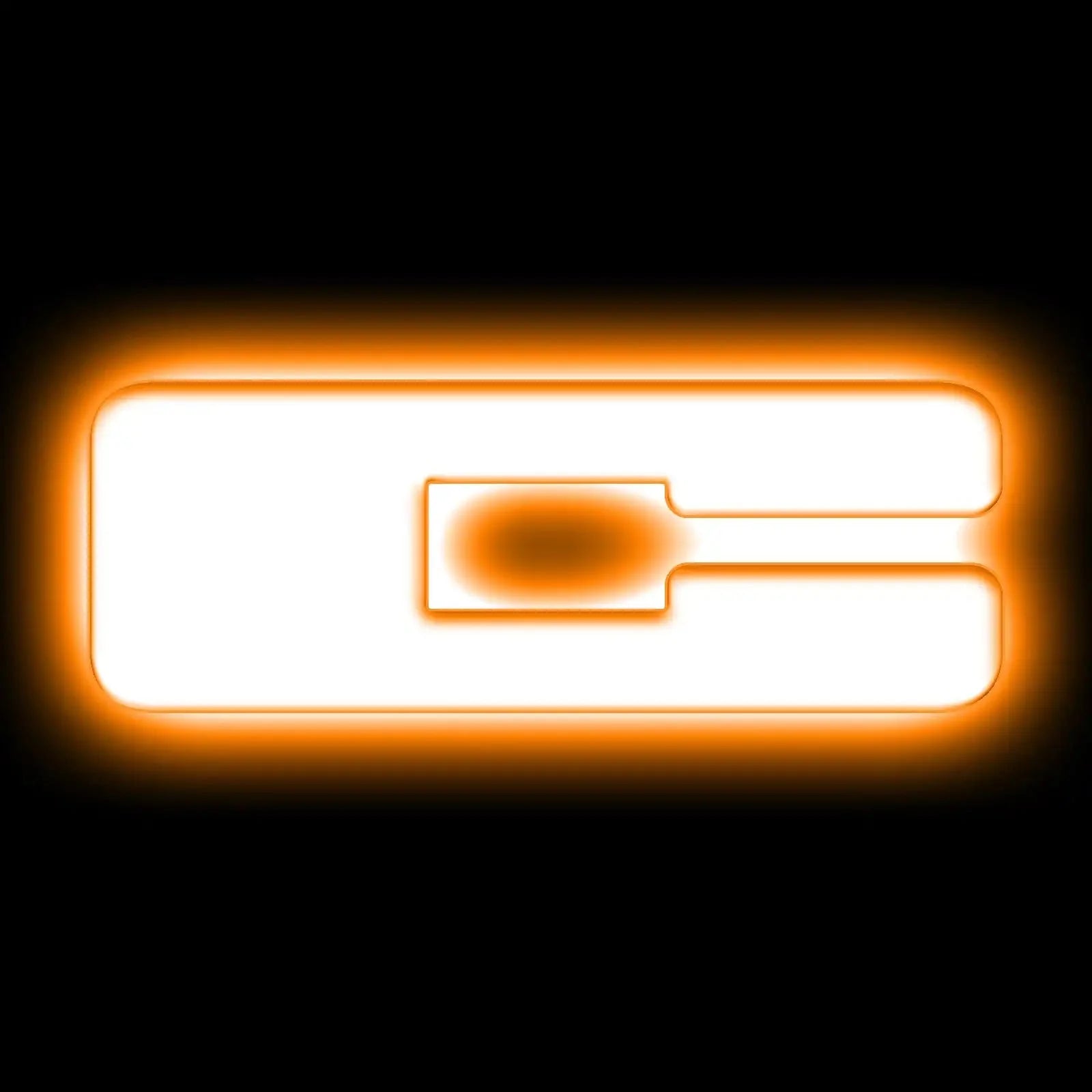 Rectangular orange and white illuminated symbol, glowing on a black background, vehicle accessory logo