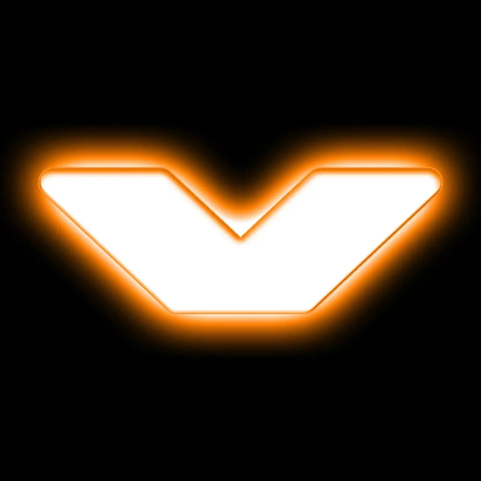 White V-shaped LED emblem with orange glow, isolated on black background, vehicle accessory