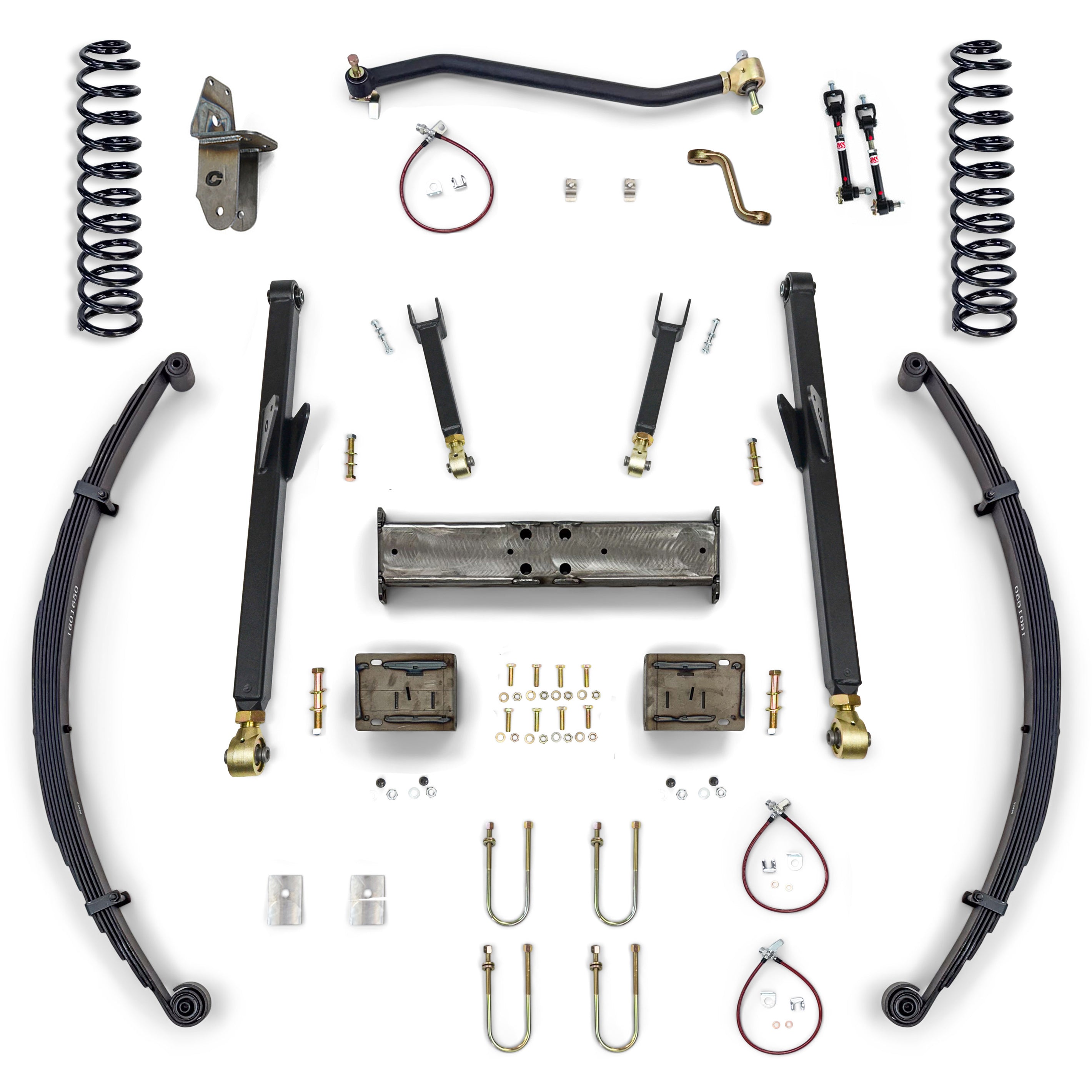 Complete suspension lift kit with coils, leaf springs, control arms, brackets, and hardware for off-road vehicles