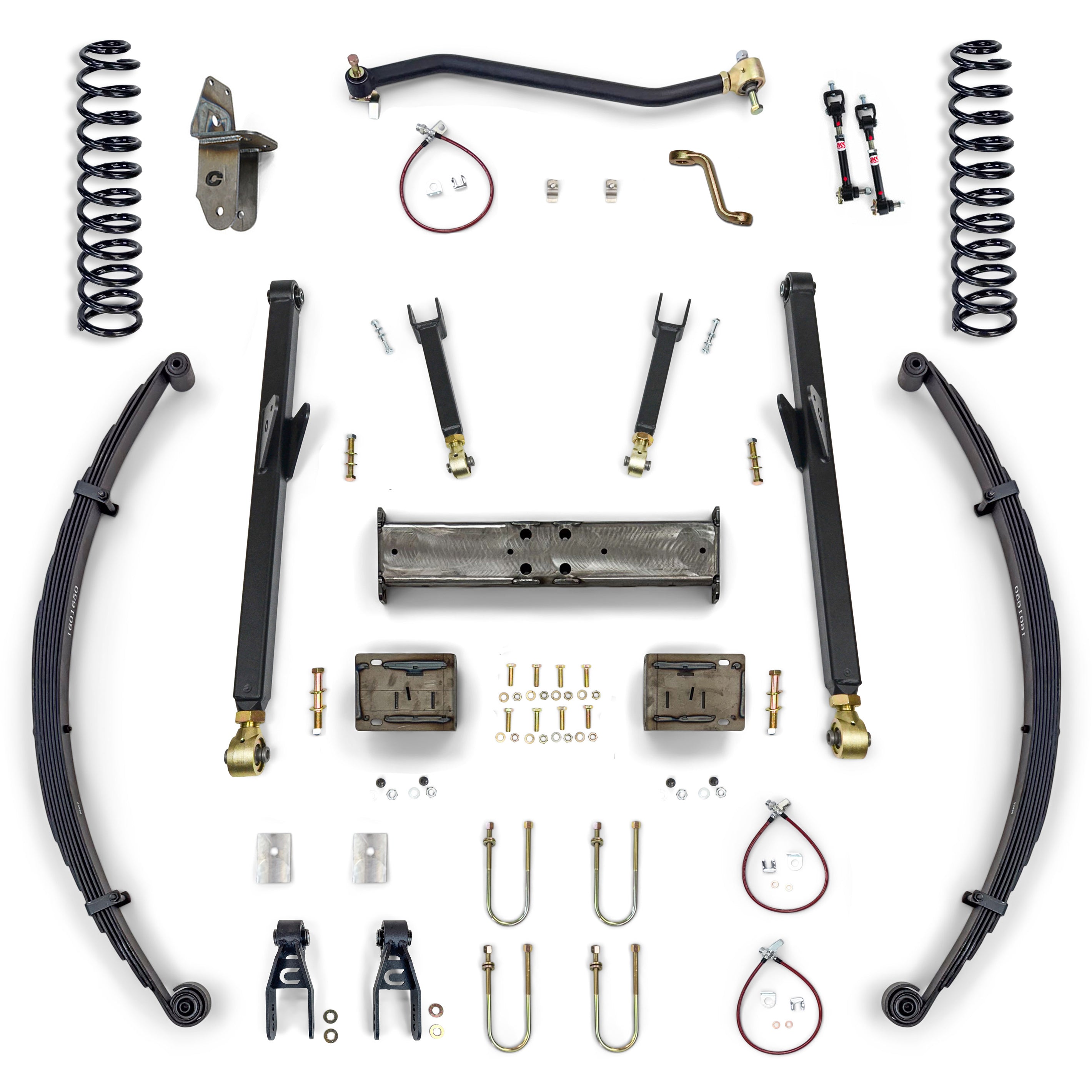 Complete vehicle suspension lift kit with coil springs, leaf springs, control arms, sway bar, and hardware for off-road truck or SUV upgrade.