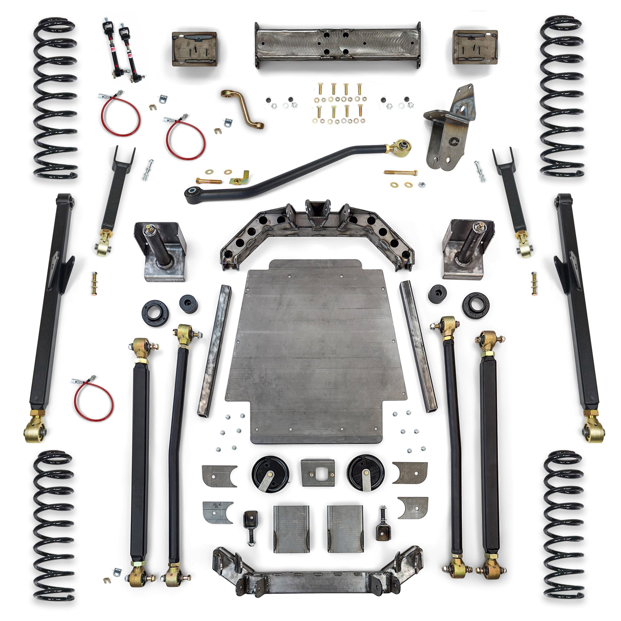 Complete off-road suspension kit with coil springs, control arms, brackets, and hardware for trucks and SUVs