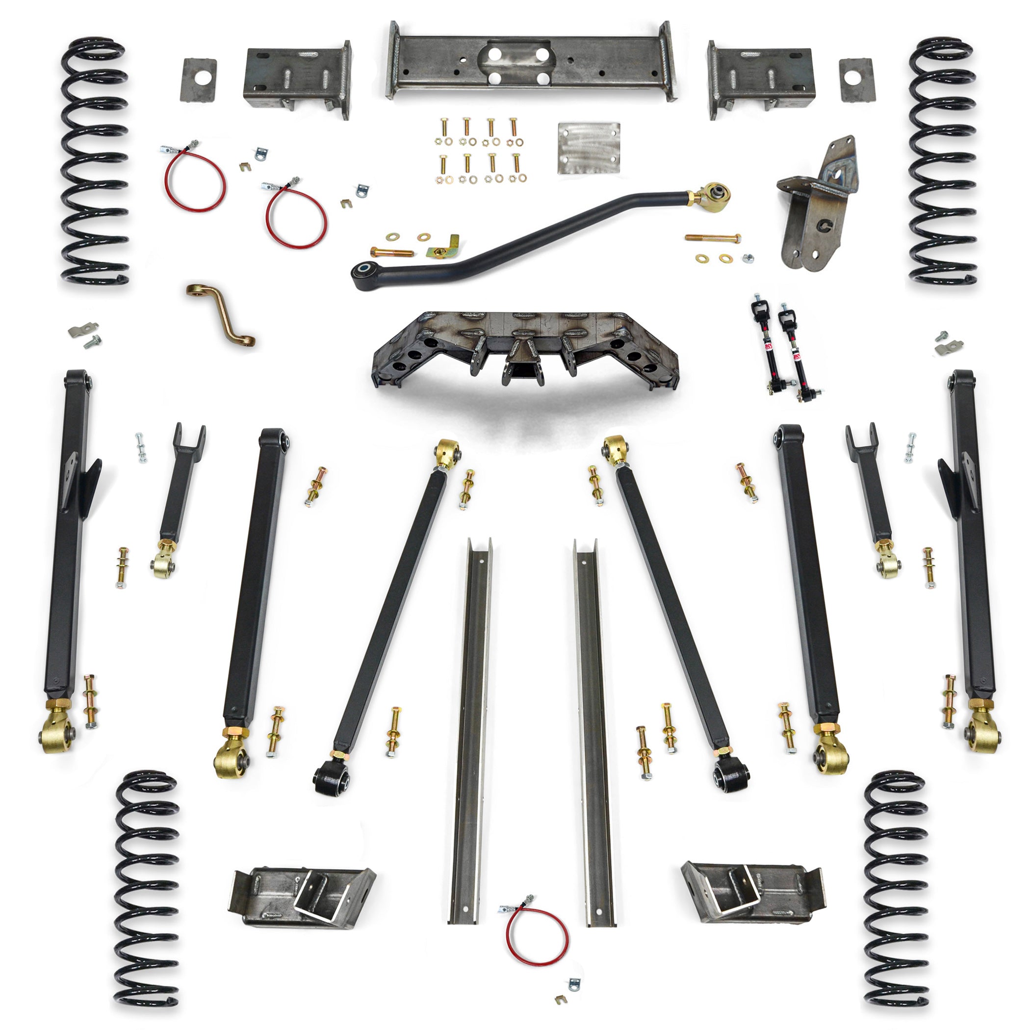Complete vehicle suspension lift kit with coil springs, control arms, brackets, and hardware for off-road trucks or SUVs