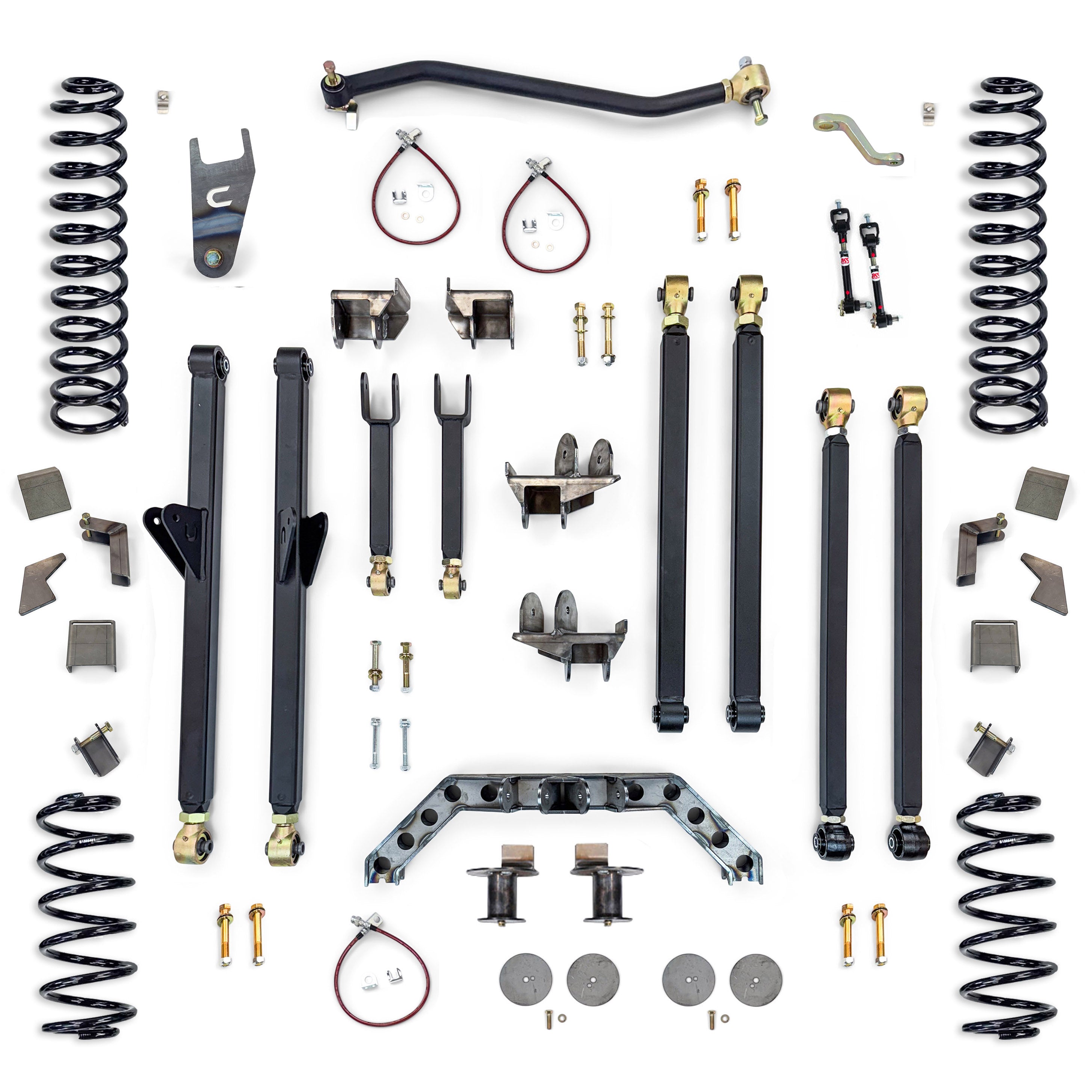 Complete overland vehicle suspension lift kit with coil springs, control arms, and hardware