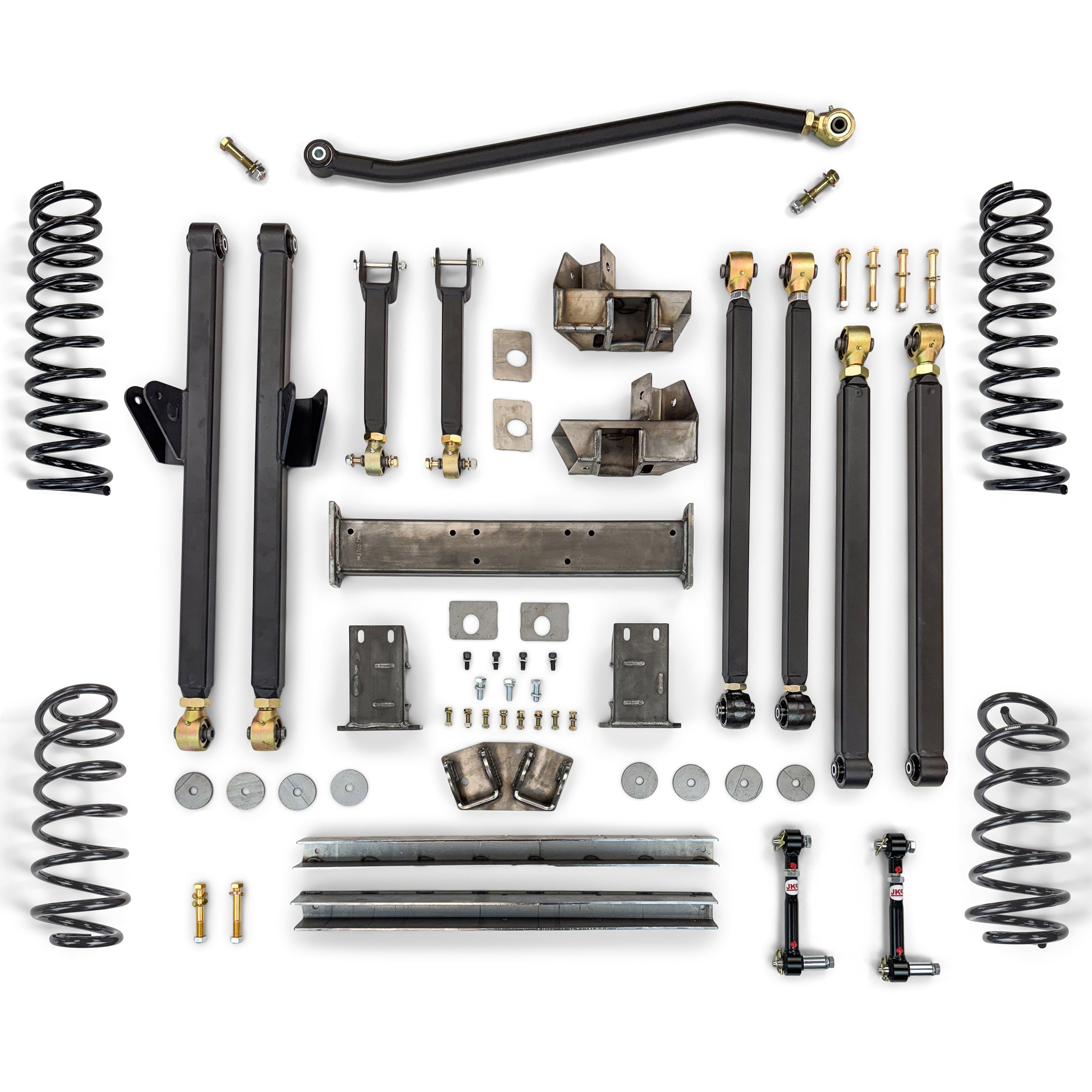 Complete overland suspension lift kit with control arms, springs, brackets, and hardware
