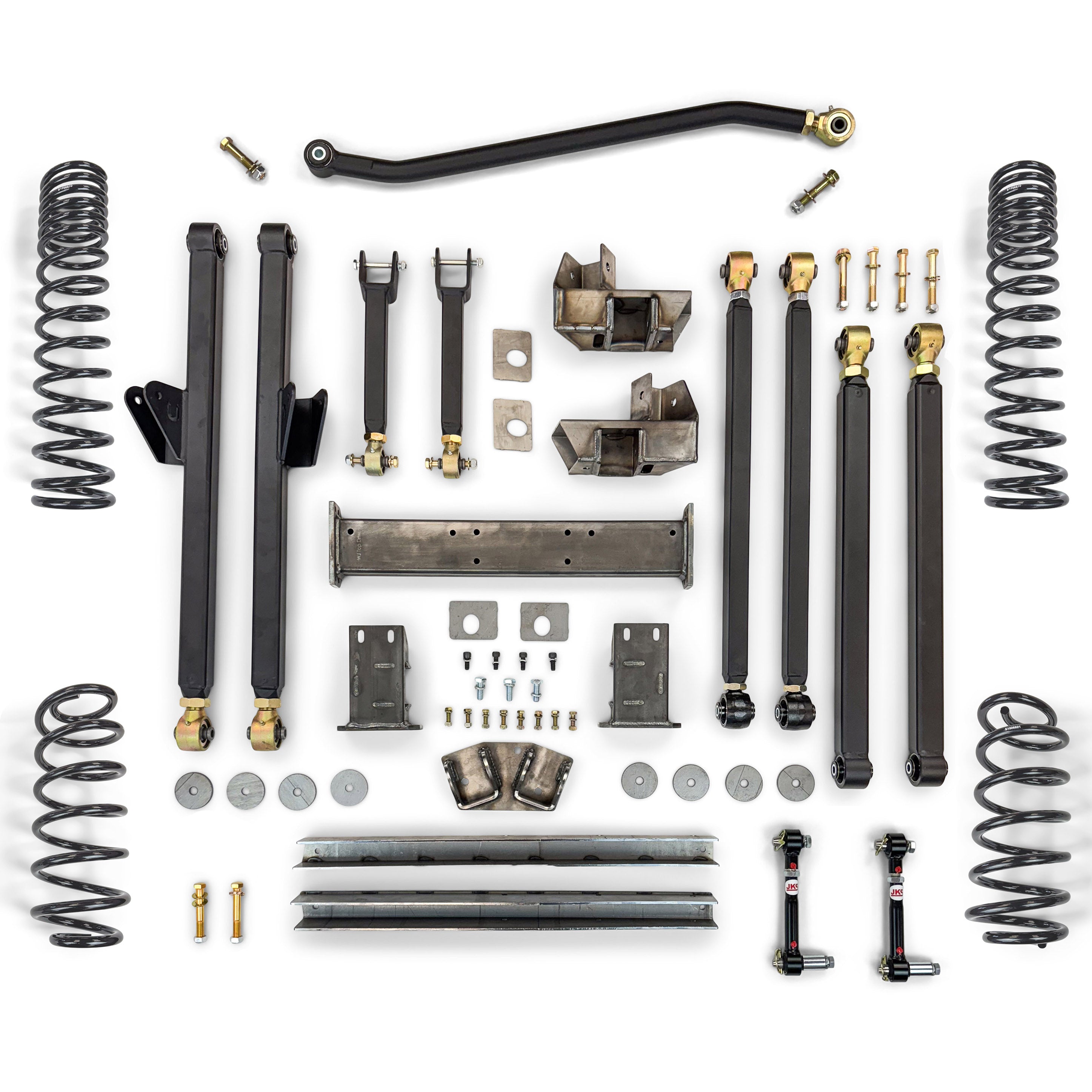 Off-road suspension lift kit components including control arms, springs, brackets, and hardware