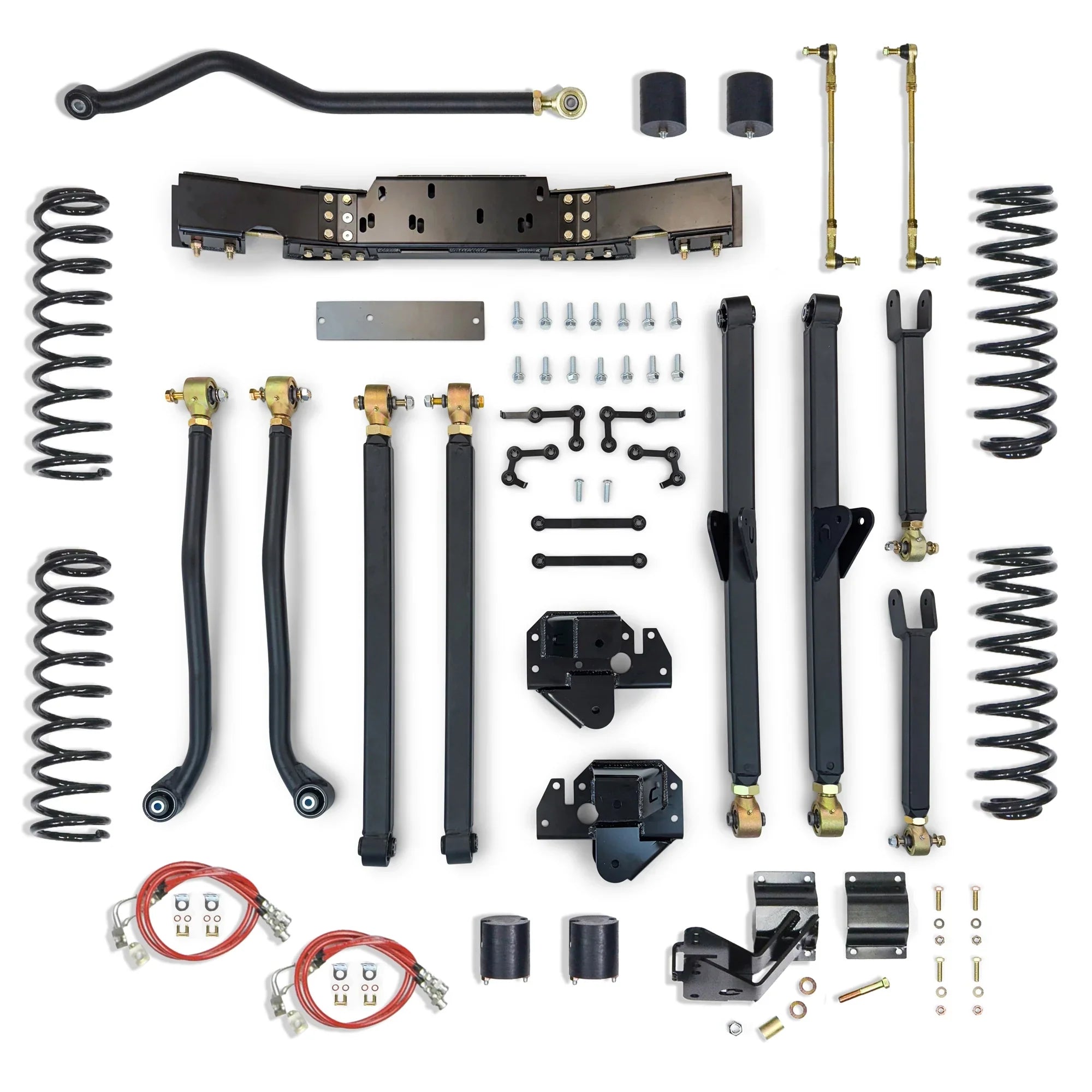 Complete suspension lift kit with control arms, springs, brackets, bushings, and hardware for off-road vehicles.