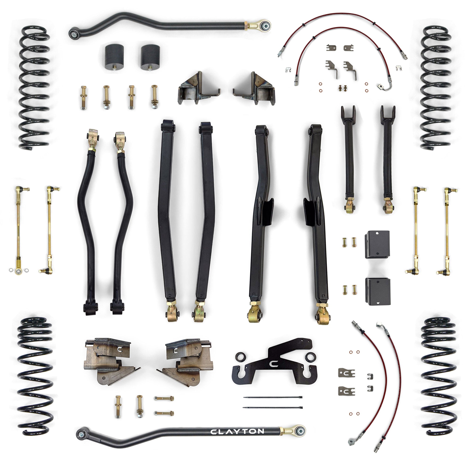 Jeep Wrangler suspension lift kit with control arms, coil springs, sway bar links, and hardware