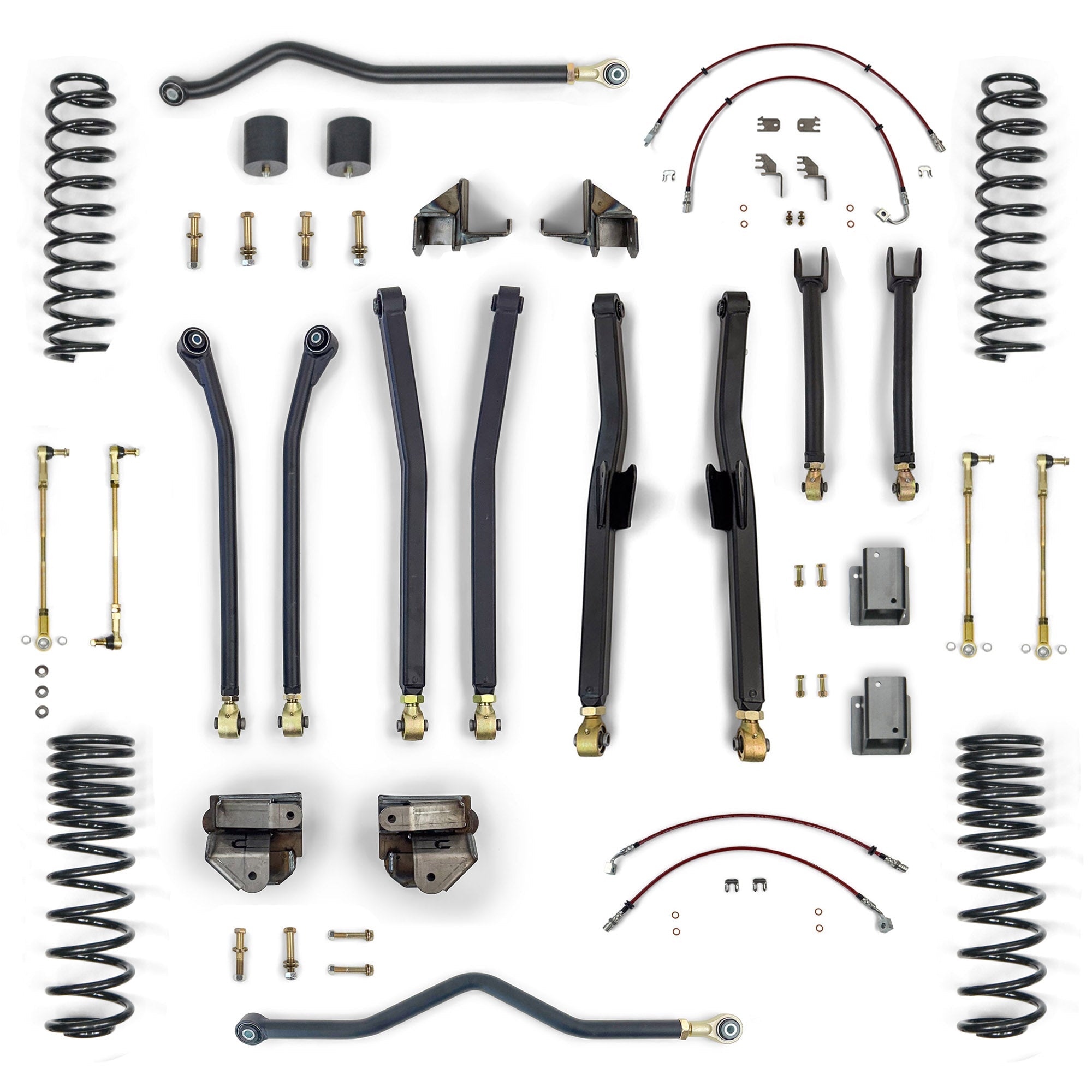 Jeep Wrangler suspension lift kit components including control arms, coil springs, brackets, sway bar links, and brake lines arranged on a white background.