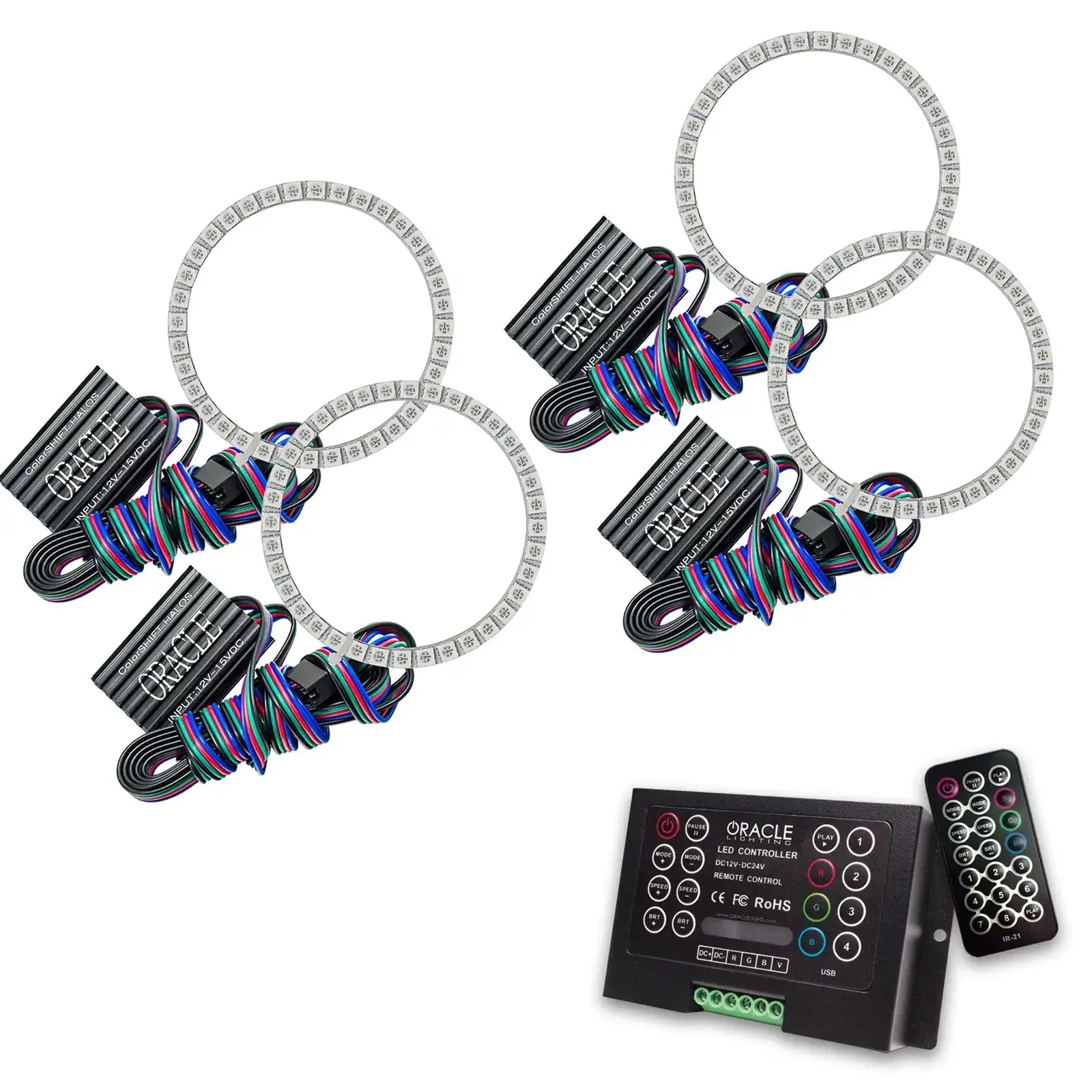 LED halo ring light kit with wiring, controller, and remote for vehicle headlights