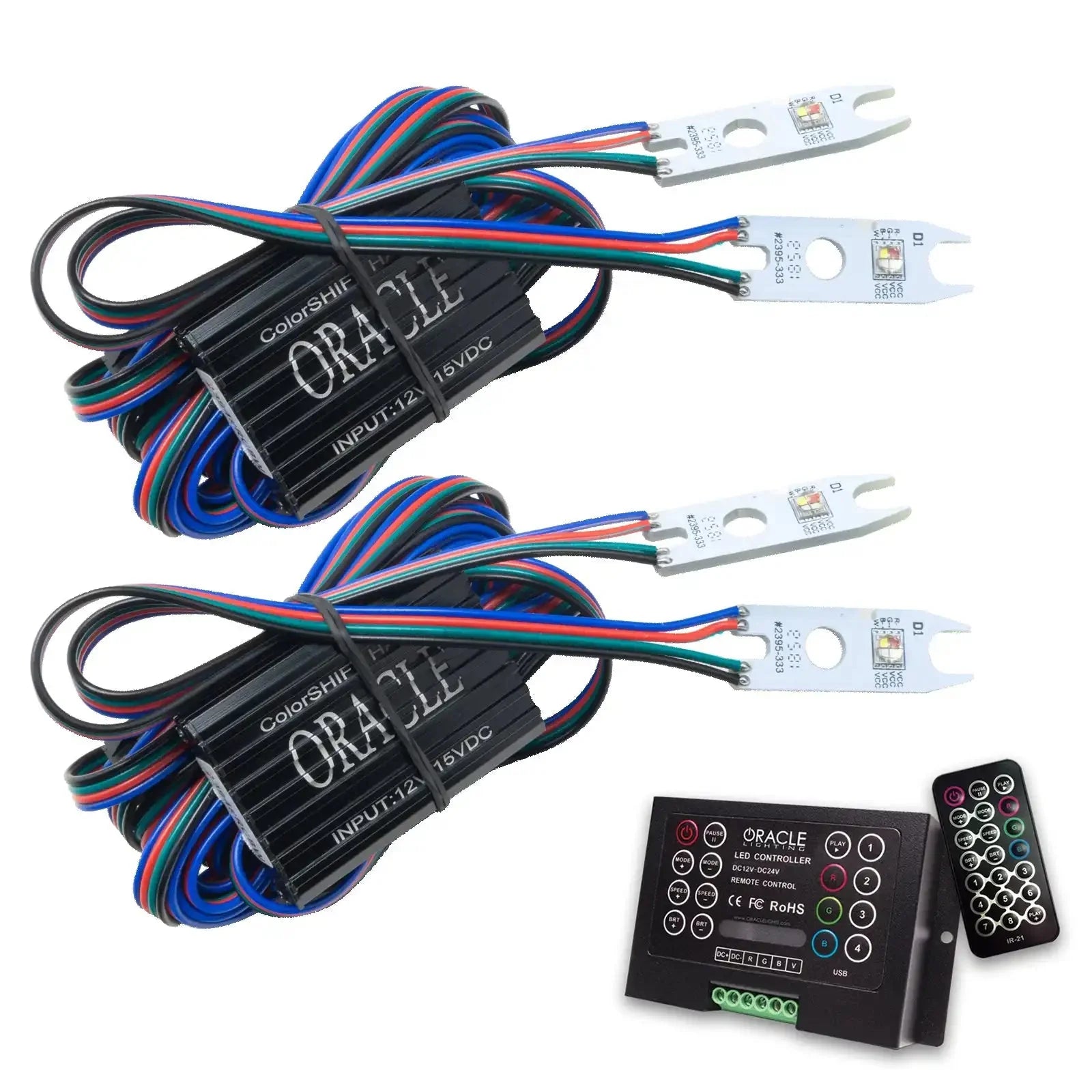 Off-road vehicle RGB LED lighting kit with controller and remote, wiring included.