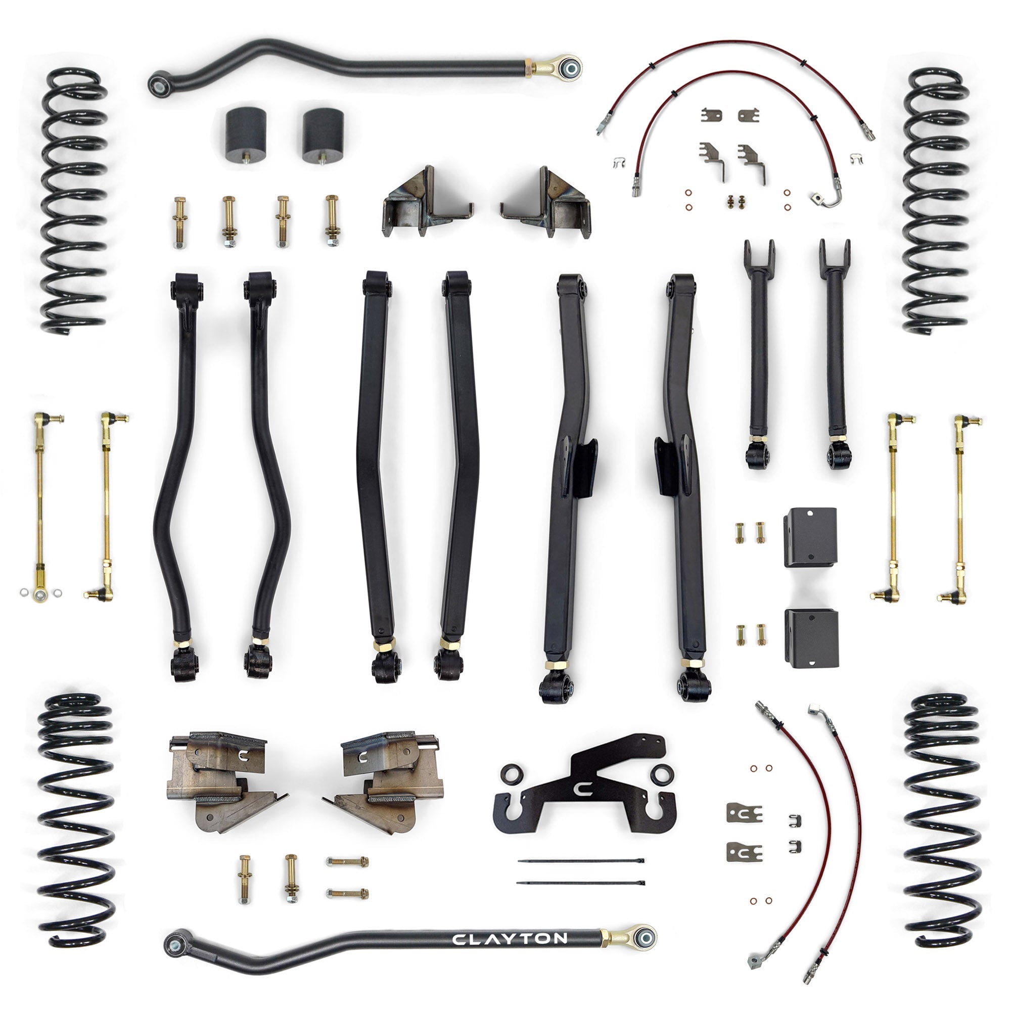 Jeep Wrangler suspension lift kit with control arms, springs, sway bars, brackets, and hardware