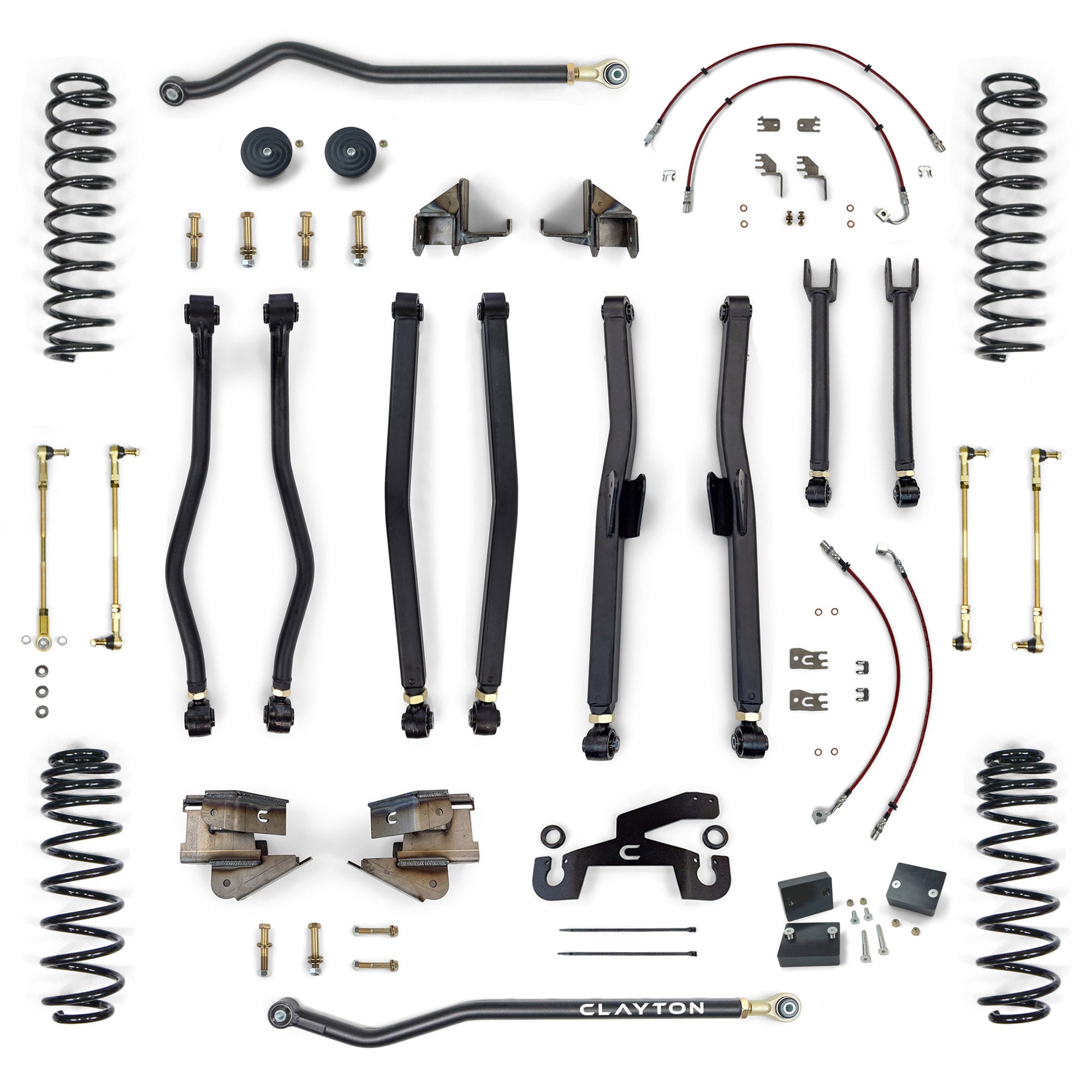 Complete off-road suspension lift kit with control arms, coil springs, brackets, and hardware