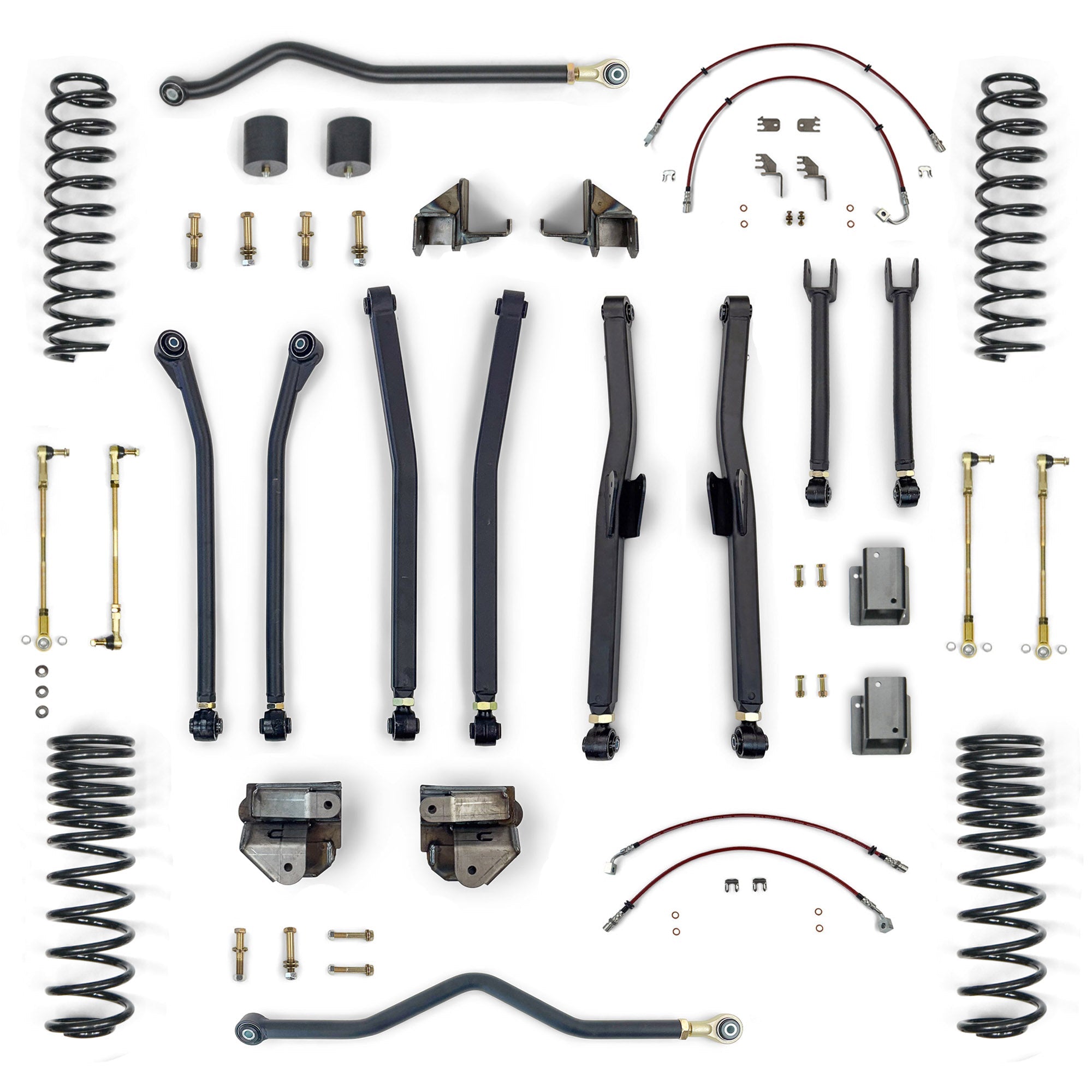 Jeep suspension lift kit with coil springs, control arms, sway bars, brackets, and hardware.