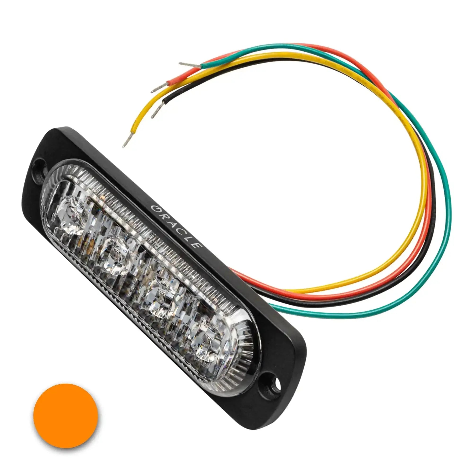 Amber LED strobe light with black housing and exposed wires for off-road vehicle installation
