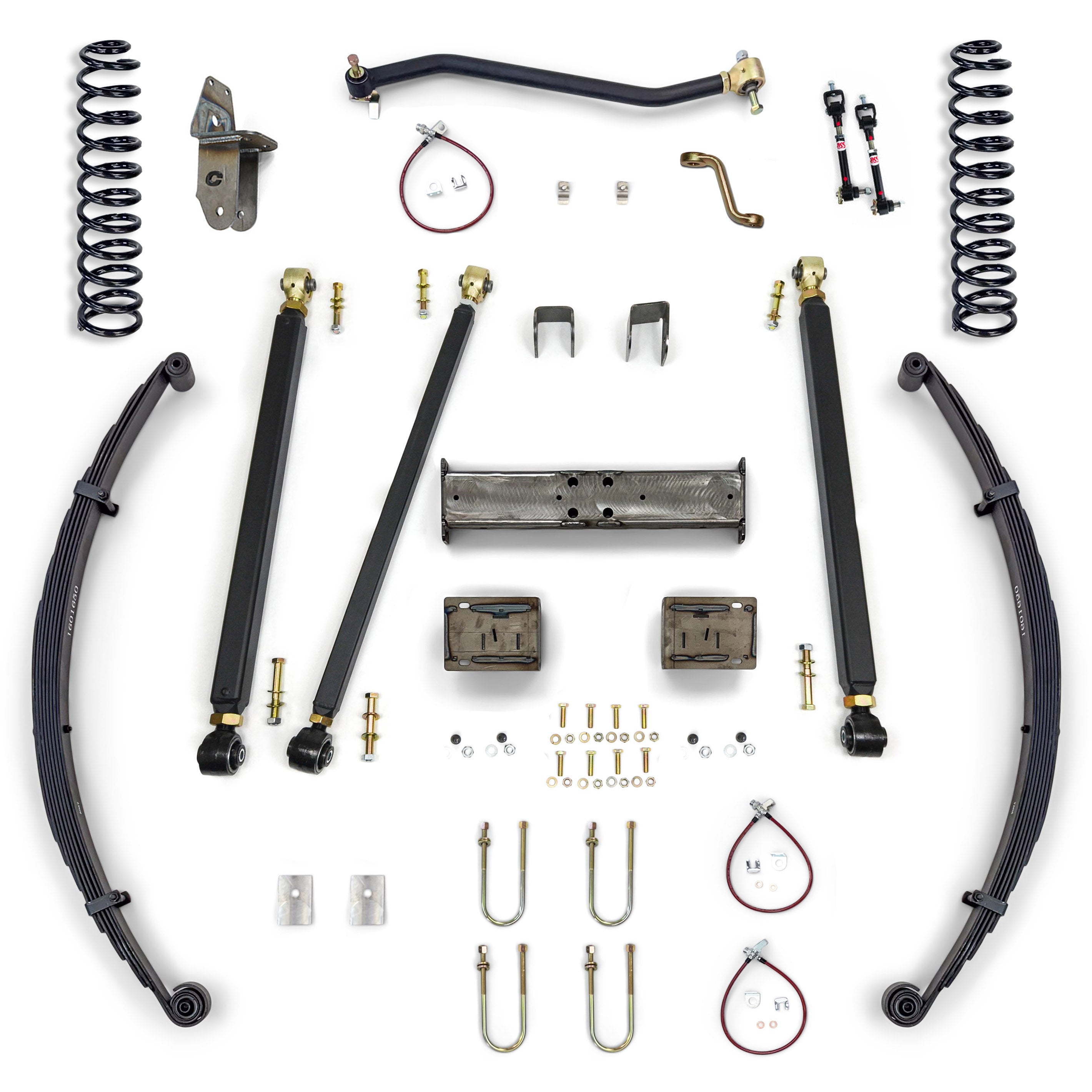 Vehicle suspension lift kit with leaf springs, coil springs, control arms, sway bars, hardware.