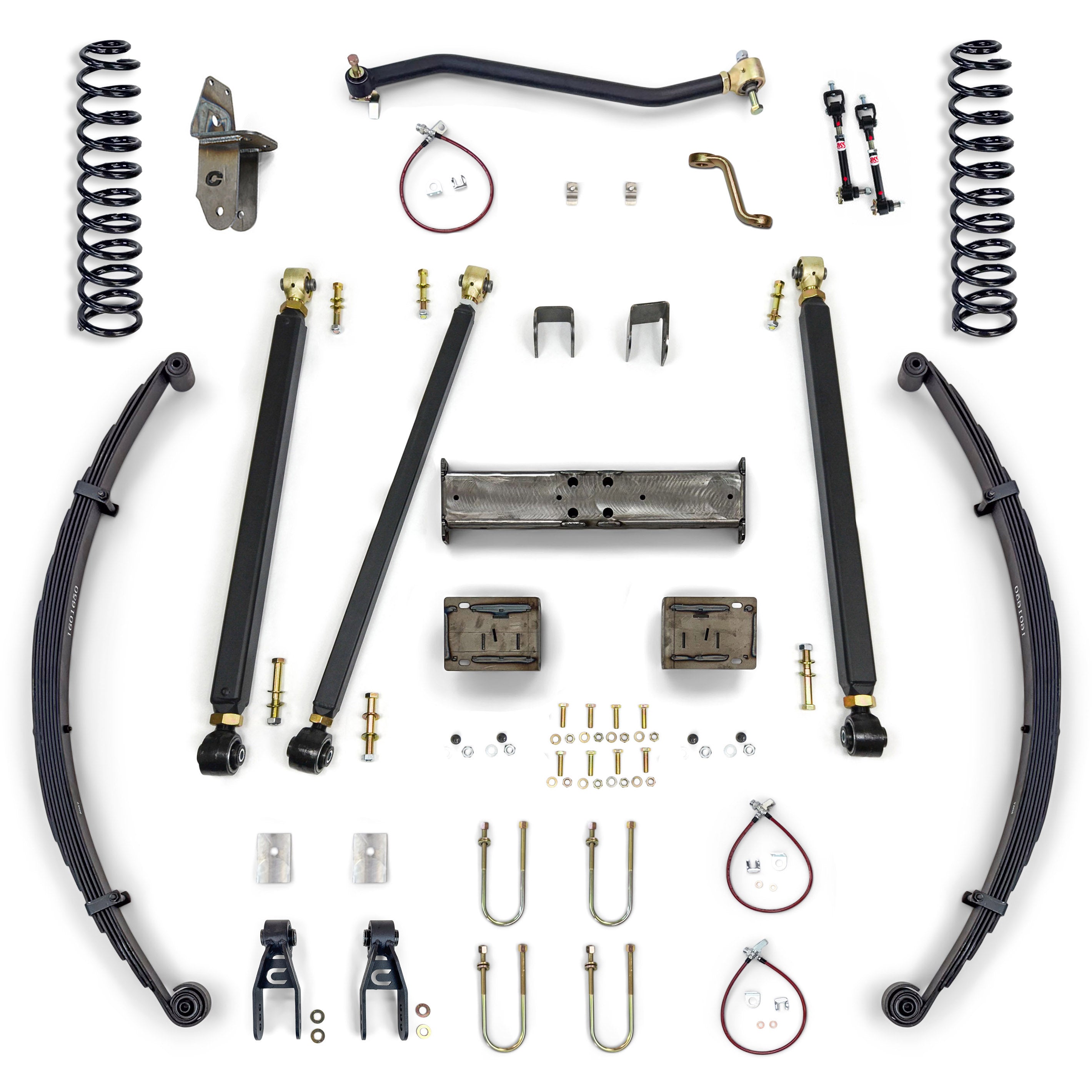 Complete suspension lift kit components for Toyota Tacoma, including leaf springs, coil springs, control arms, hardware, and brackets, arranged on a white background.