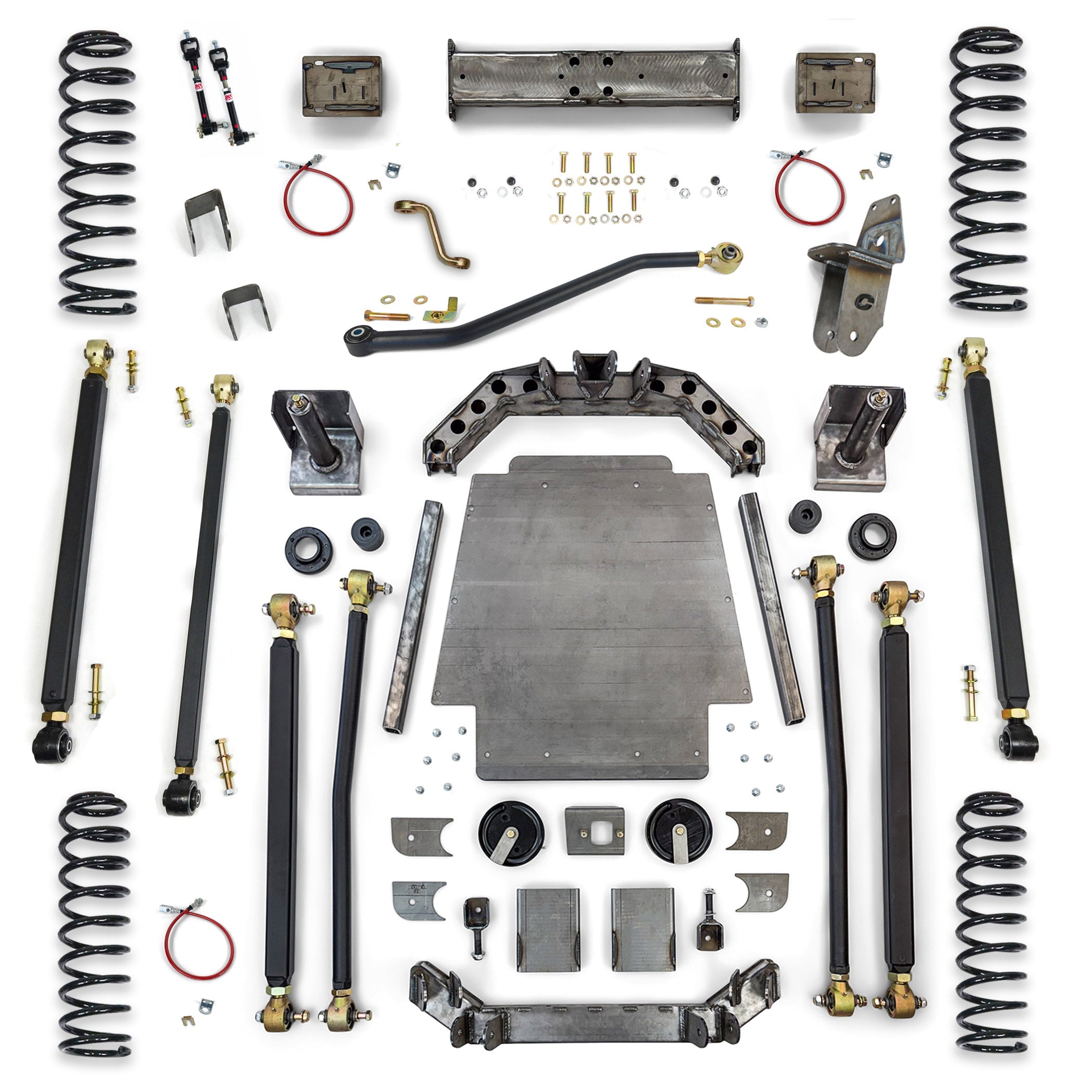Overland suspension lift kit with springs, control arms, skid plate and hardware for 4x4 vehicles