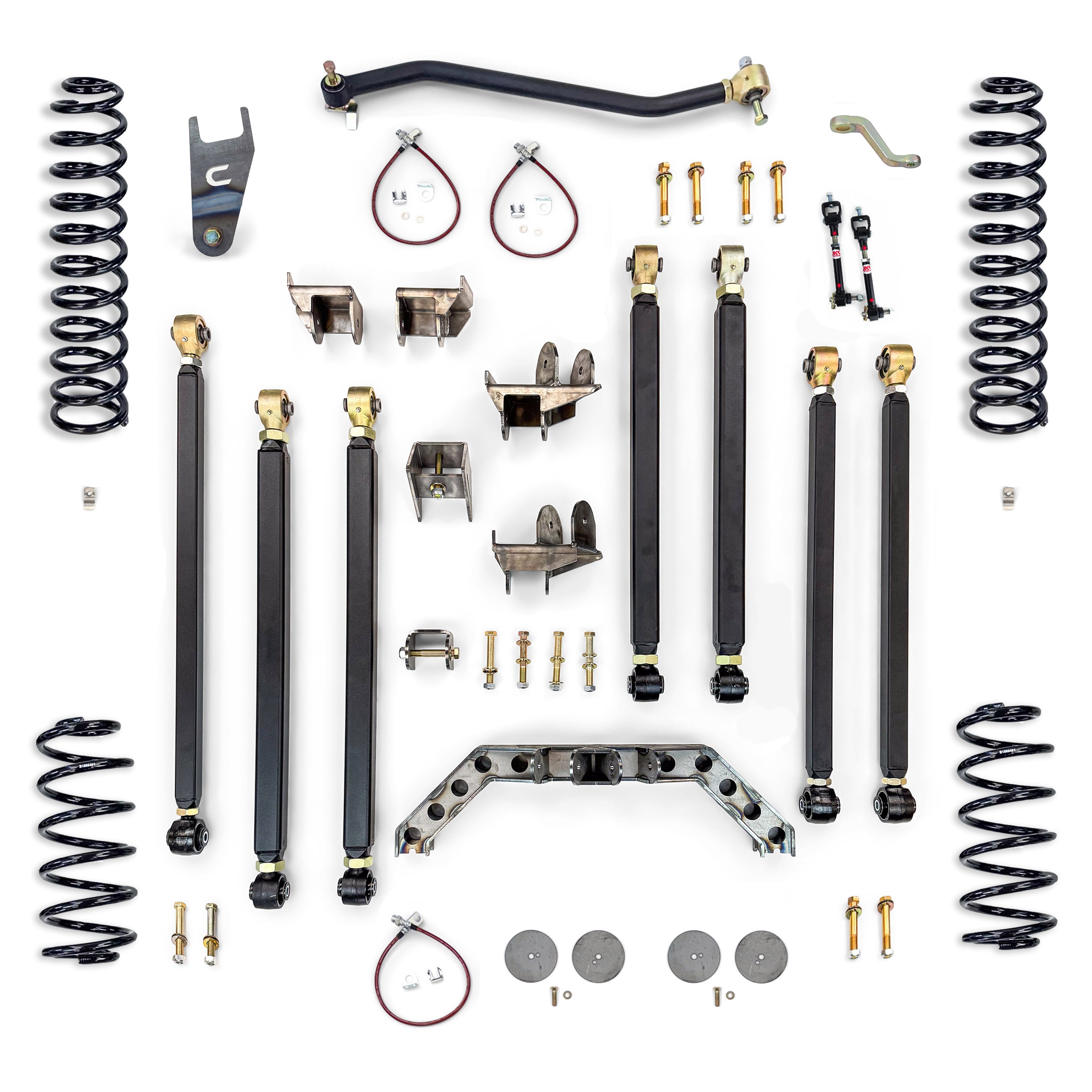 Complete off-road suspension lift kit with control arms, coil springs, and hardware for trucks or SUVs