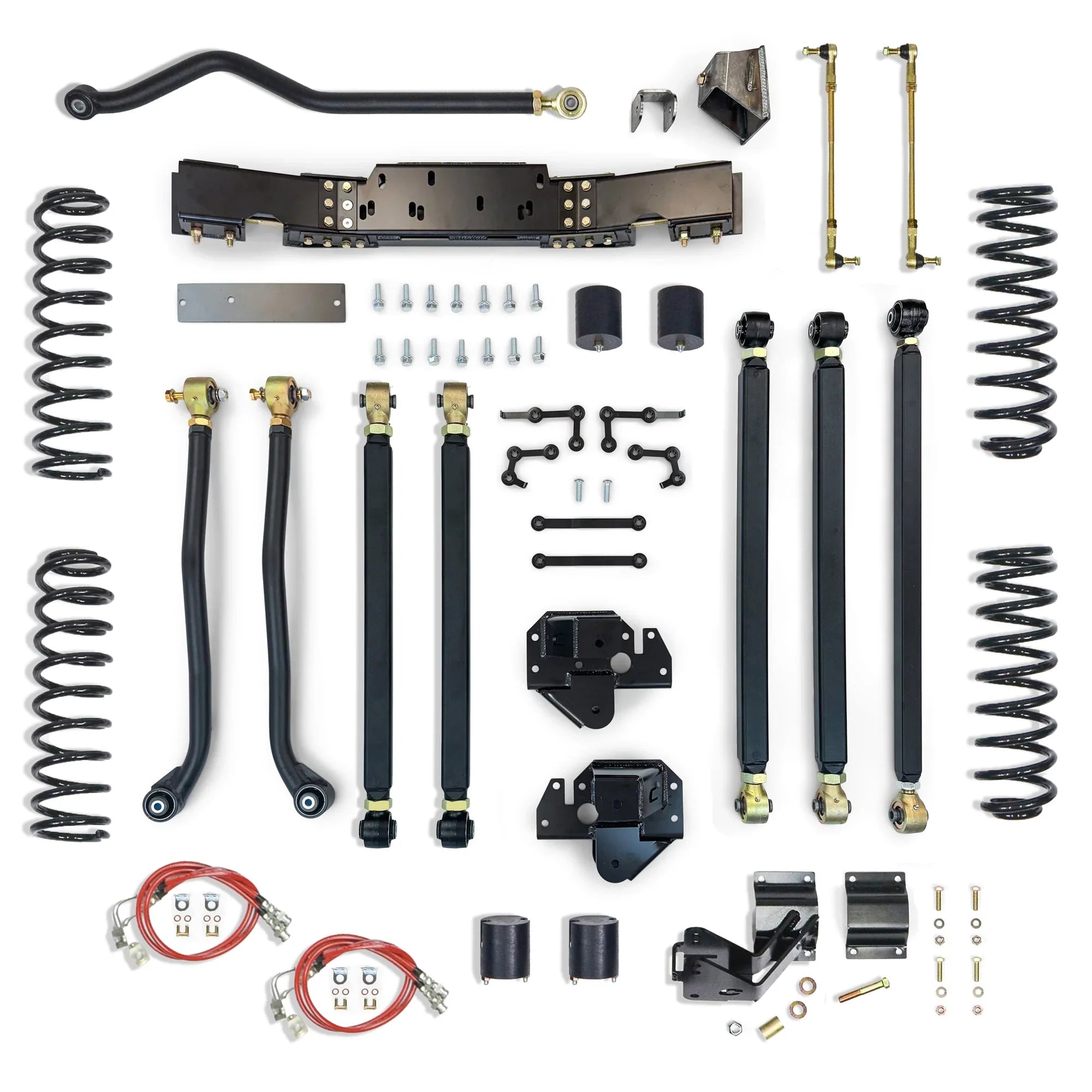 Complete suspension lift kit with control arms, coil springs, brackets, and hardware for off-road vehicles
