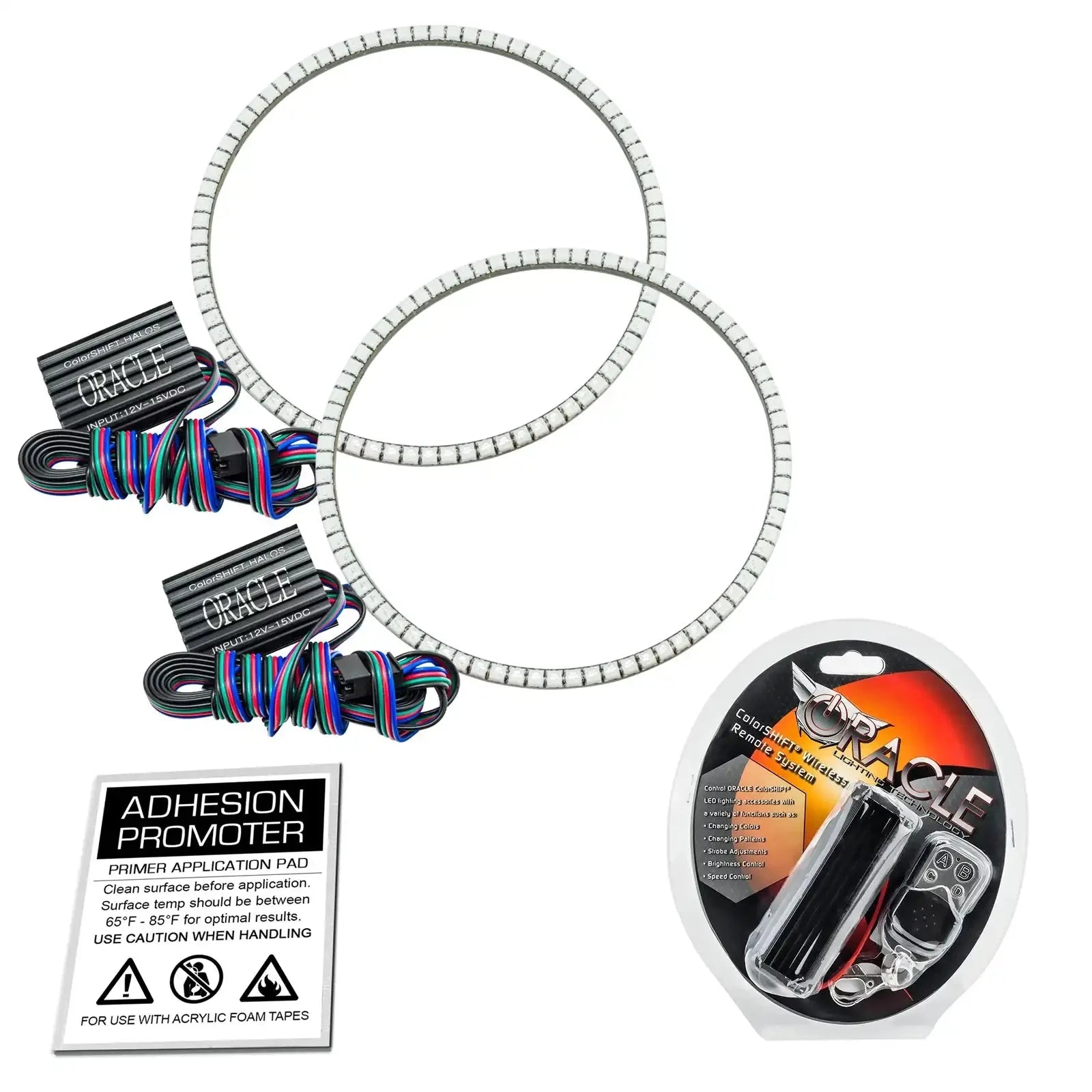 LED halo headlight ring kit with remote control and adhesion promoter for vehicles