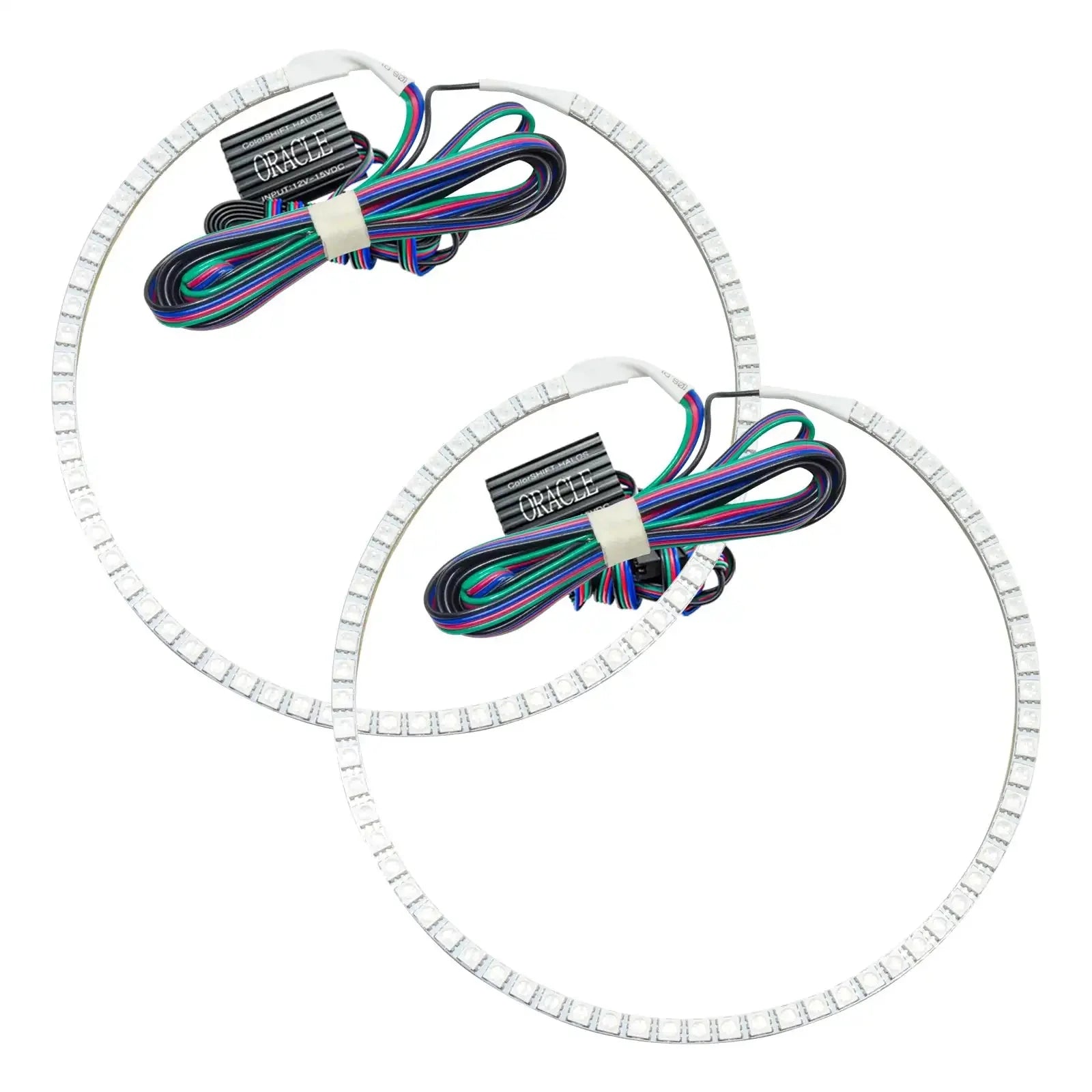 Pair of LED halo headlight rings with multicolor wiring for vehicle lighting upgrades
