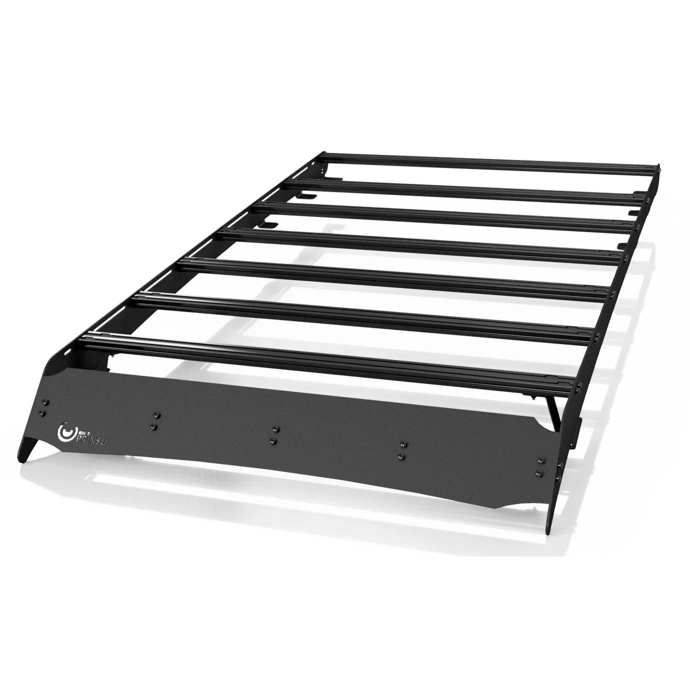 Black aluminum roof rack with wind fairing for off-road vehicles or overlanding SUVs.