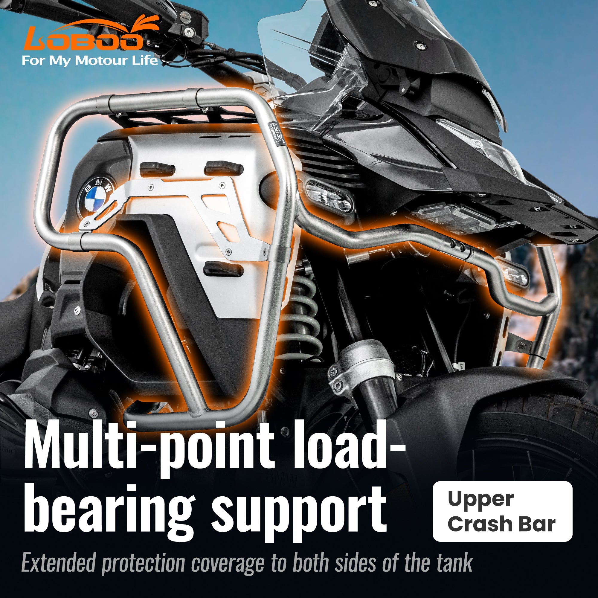 LOBOO Upper Crash Bar for BMW R1300GS Adventure (2024-on) – 304 Stainless Steel, Multi-Point Support, Silver / Black Finish