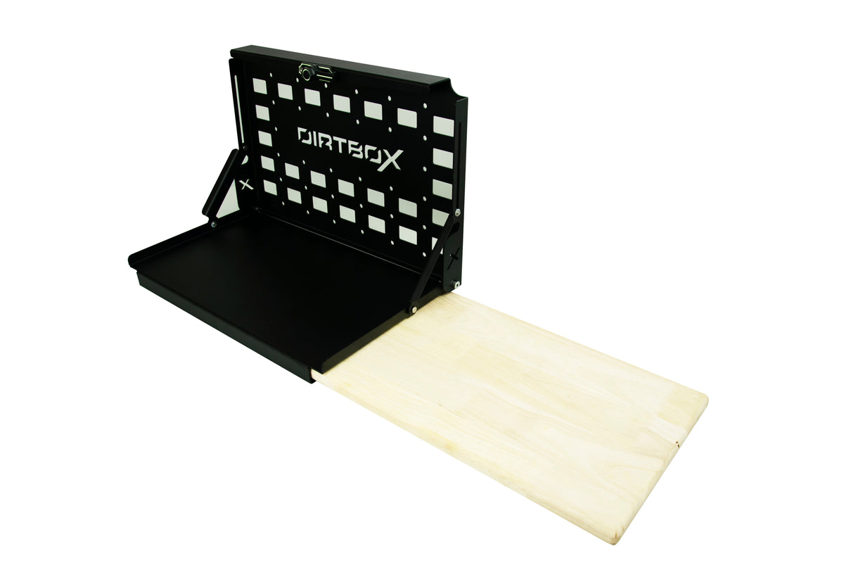 Dirtbox Overland folding camp table with cutting board and side Molle box