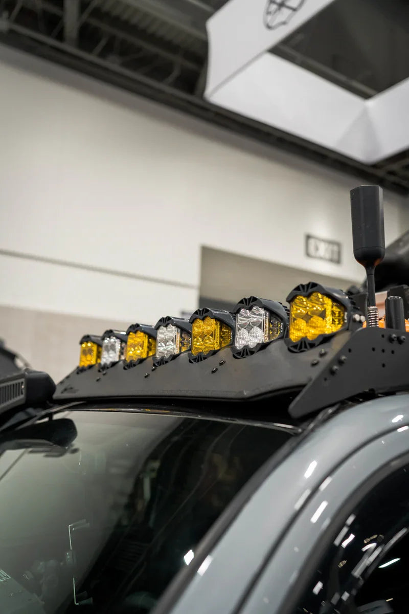 LED roof lights and mounting bracket on Toyota Tacoma for overlanding or off-road use