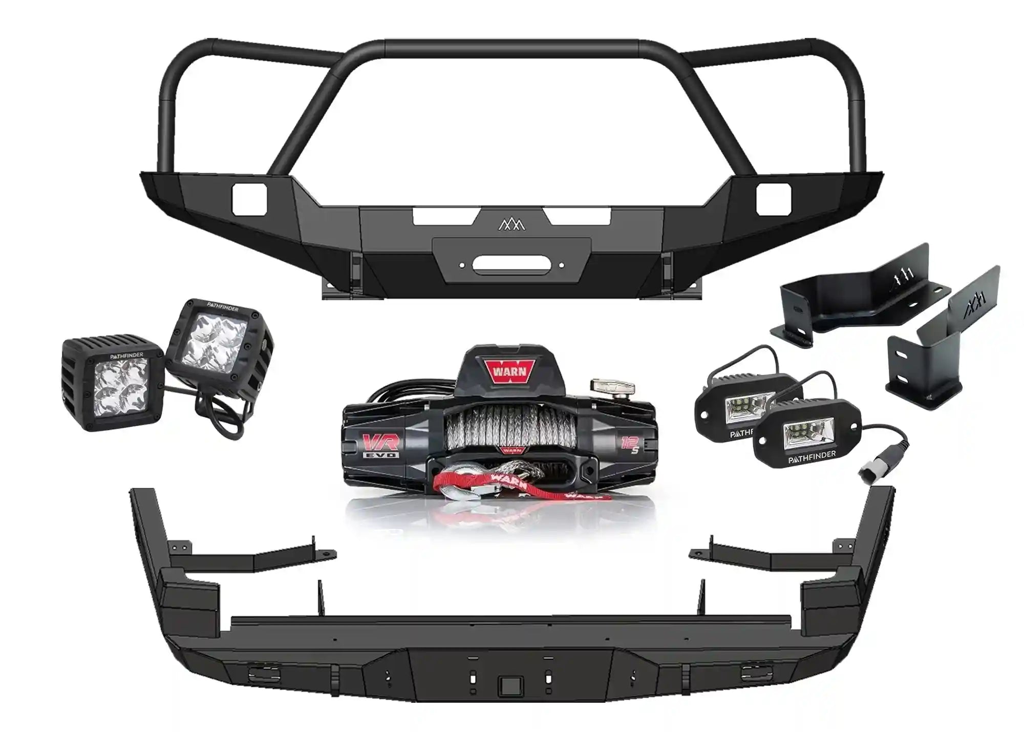 Backwoods Adventure Mods 3rd Gen Toyota Tacoma Expedition Off Road Kit bundle including Front and Rear Bumpers, Warn VR Evo 12s Winch, heavy-duty frame brackets, and Pathfinder Off Road Lights