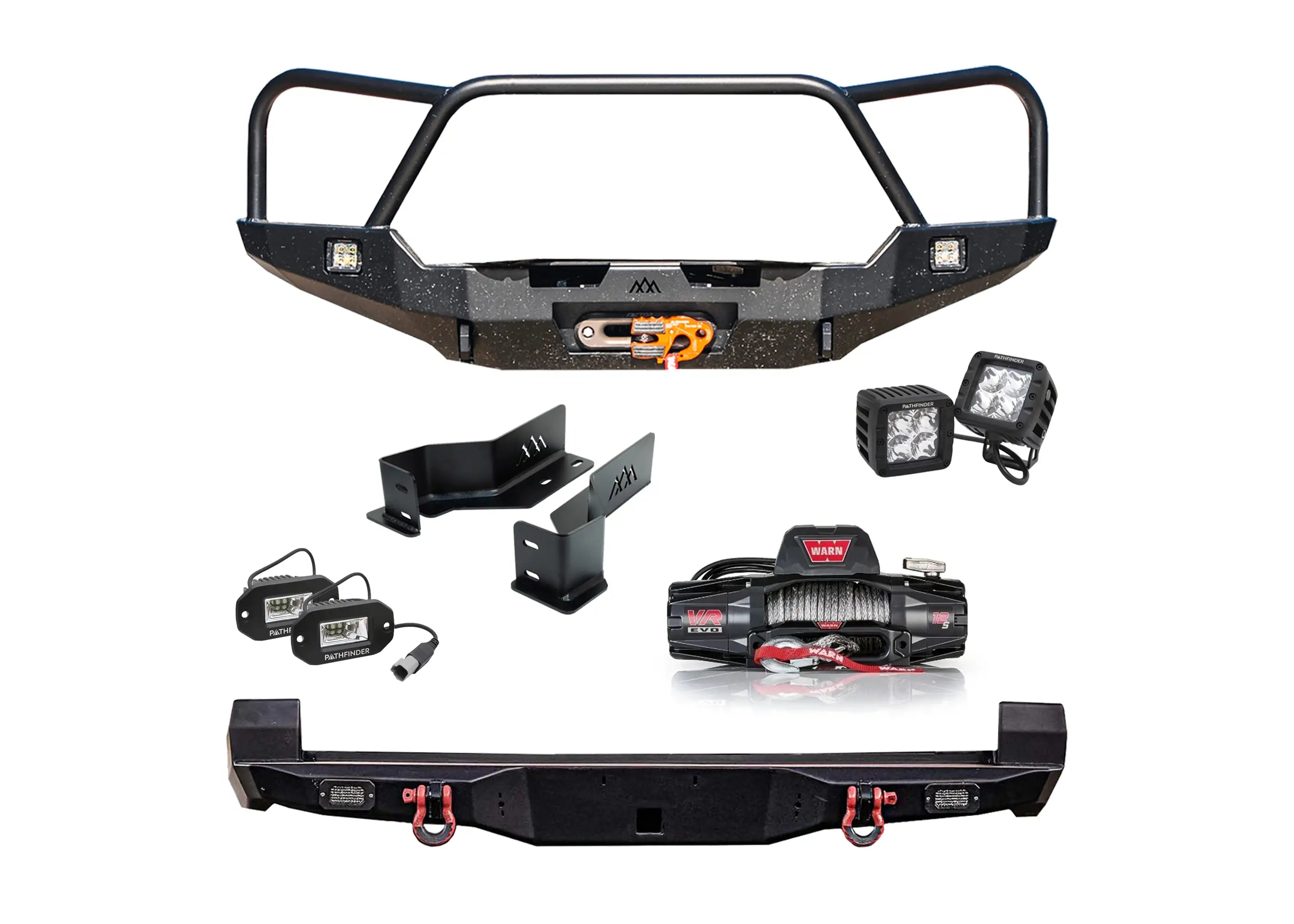 Backwoods Adventure Mods 3rd Gen Toyota Tacoma Expedition Off Road Kit Bundle - includes Tacoma Front and Rear Bumpers, Warn VR Evo 12s Winch, heavy-duty frame brackets, and Pathfinder Off Road Lights