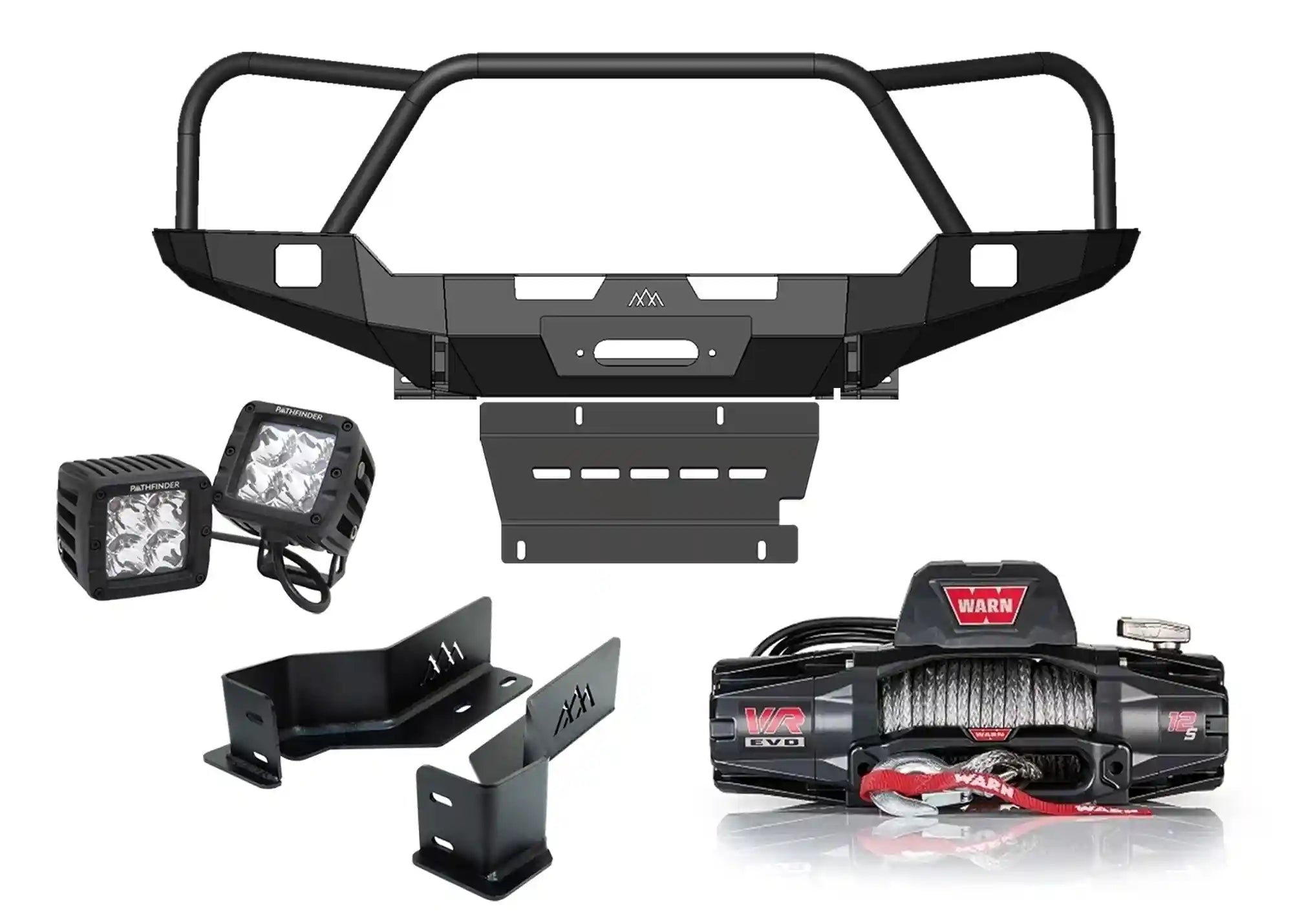 Backwoods Adventure Mods Off Road Front Bumper Kit for 3rd Gen 2016-2023 Toyota Tacoma including Hi-Lite Overland Front Bumper, Warn VR Evo Winch, and Pathfinder off road lights