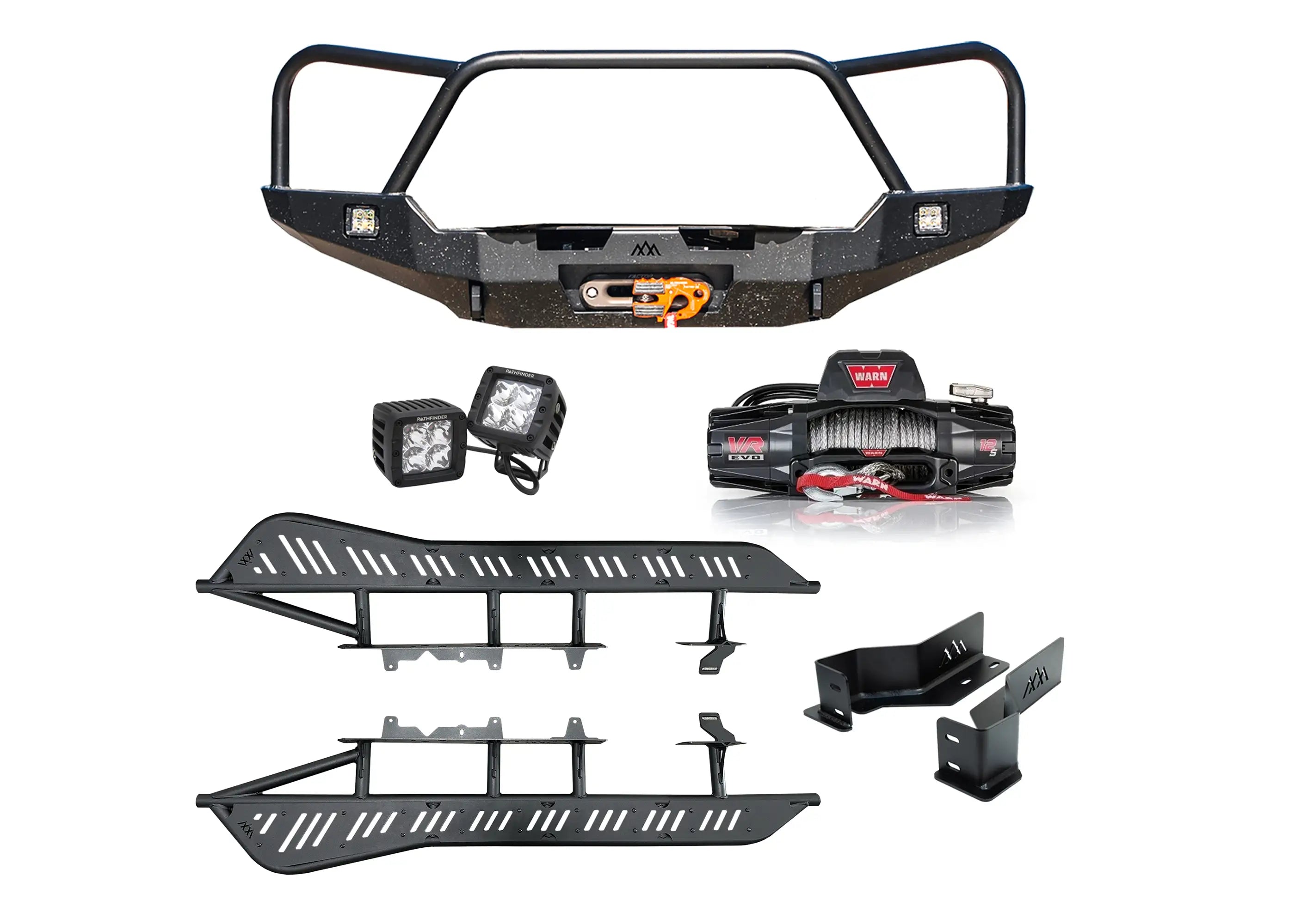 Backwoods Adventure Mods 3rd Gen Toyota Tacoma Trail-Ready Off Road Kit bundle including high-clearance Front Bumper, Rock Sliders, Warn VR Evo 12s Winch, heavy-duty frame brackets, and Pathfinder Off Road Lights