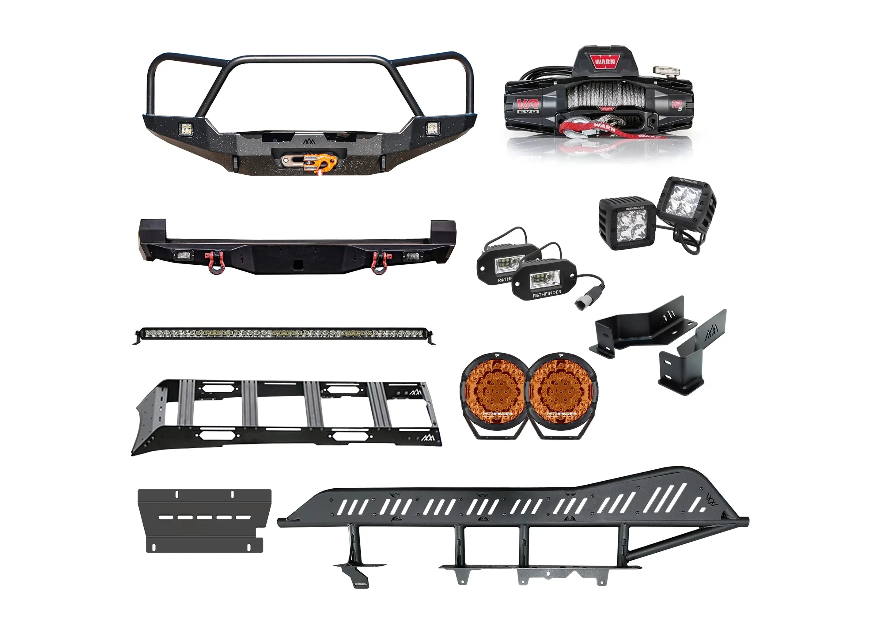 Backwoods Adventure Mods Ultimate Off Road Accessory Kit for 3rd Gen 2016-2023 Toyota Tacomas including front and rear Hi-lite series Hybrid Bumpers, Rock Sliders, DRIFTR Roof Rack, Warn Winch and complete set of Pathfinder LED off road lights