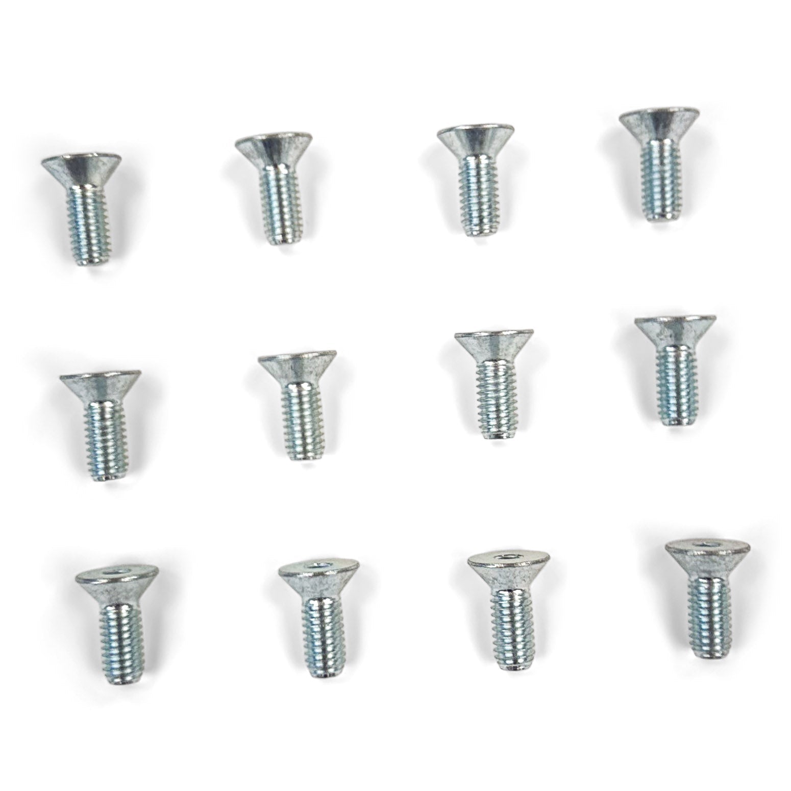 Set of twelve flat head metal screws for vehicle accessory mounting on white background