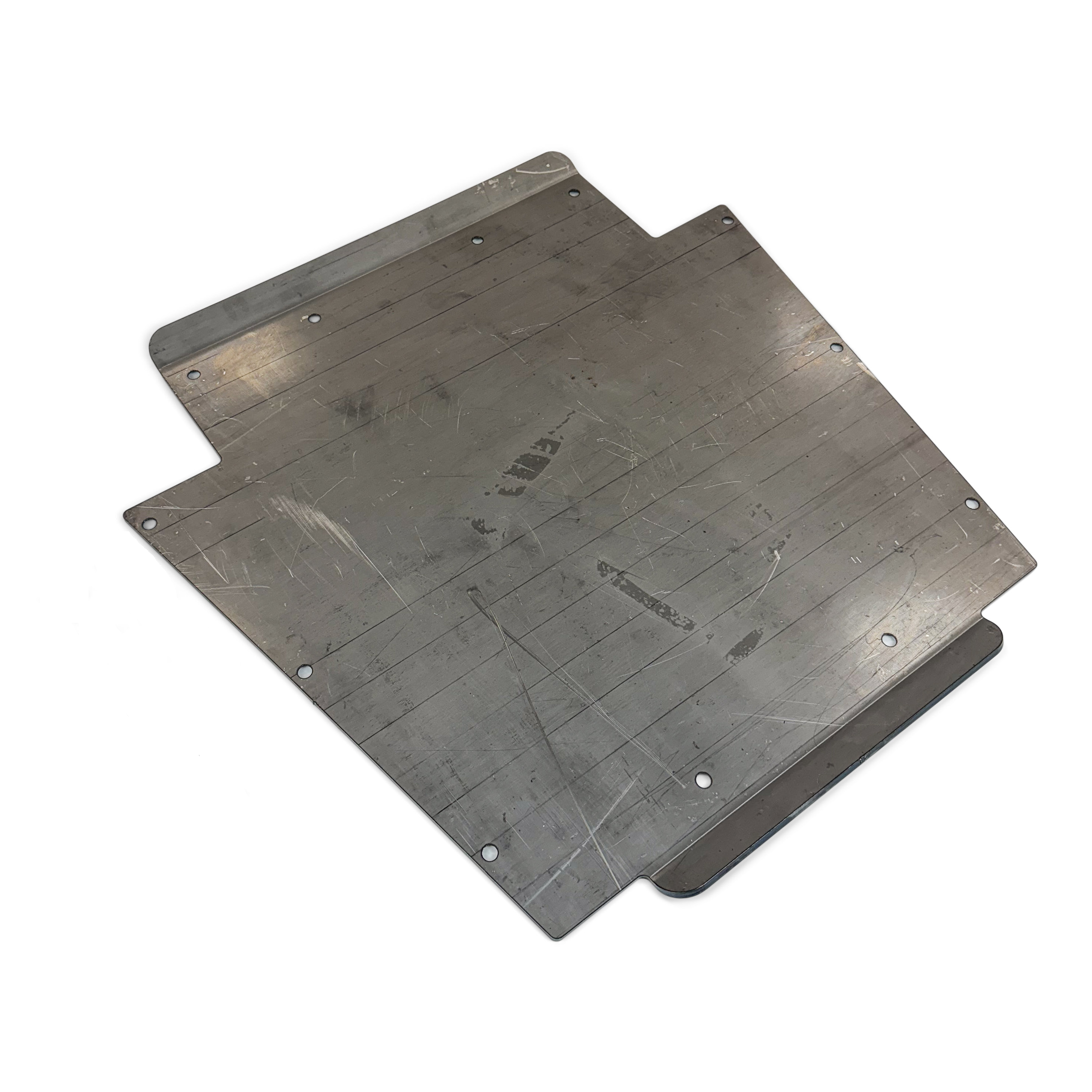 Steel skid plate with pre-drilled holes for off-road vehicle undercarriage protection