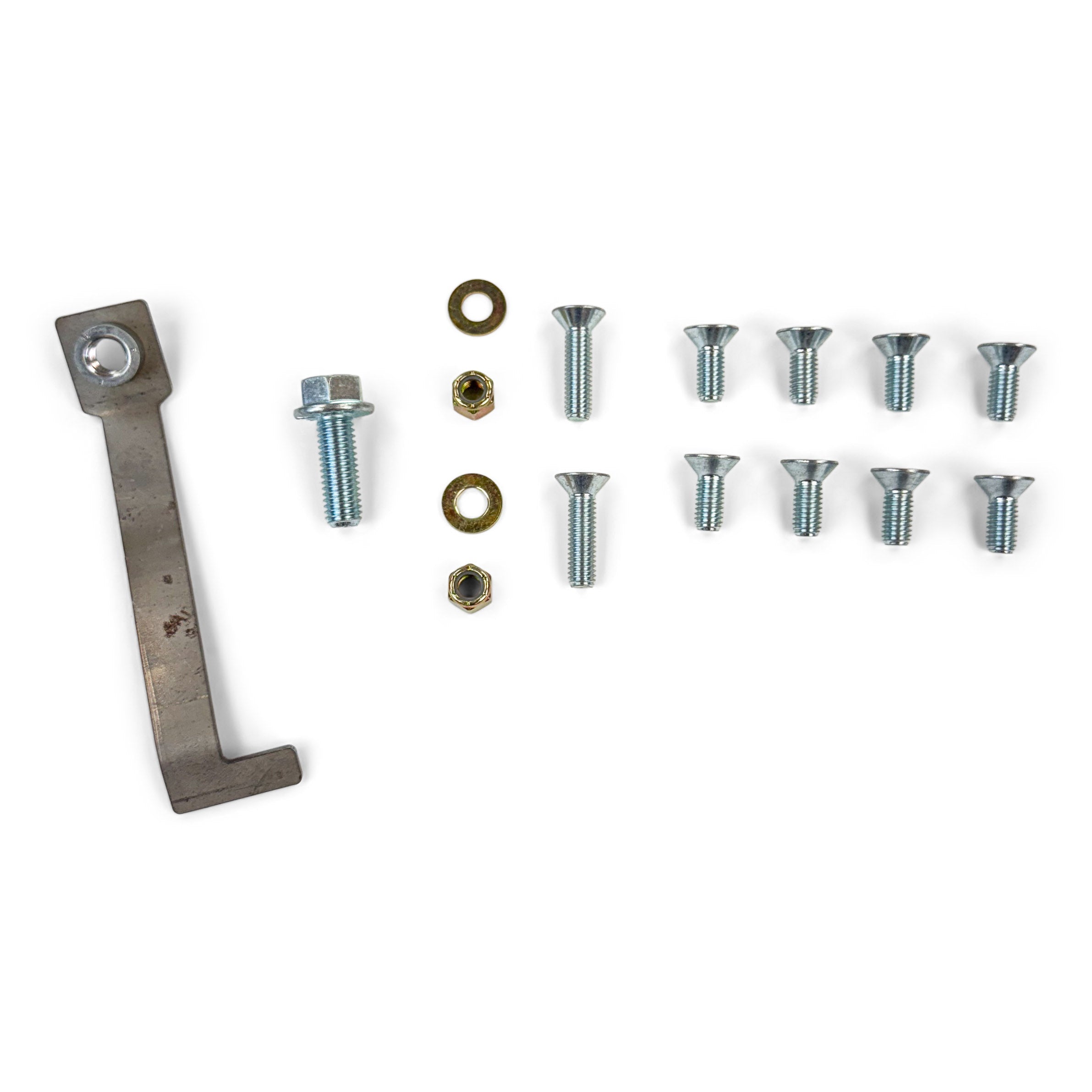 Overland vehicle hardware kit with bolts, nuts, washers, and metal bracket on white background