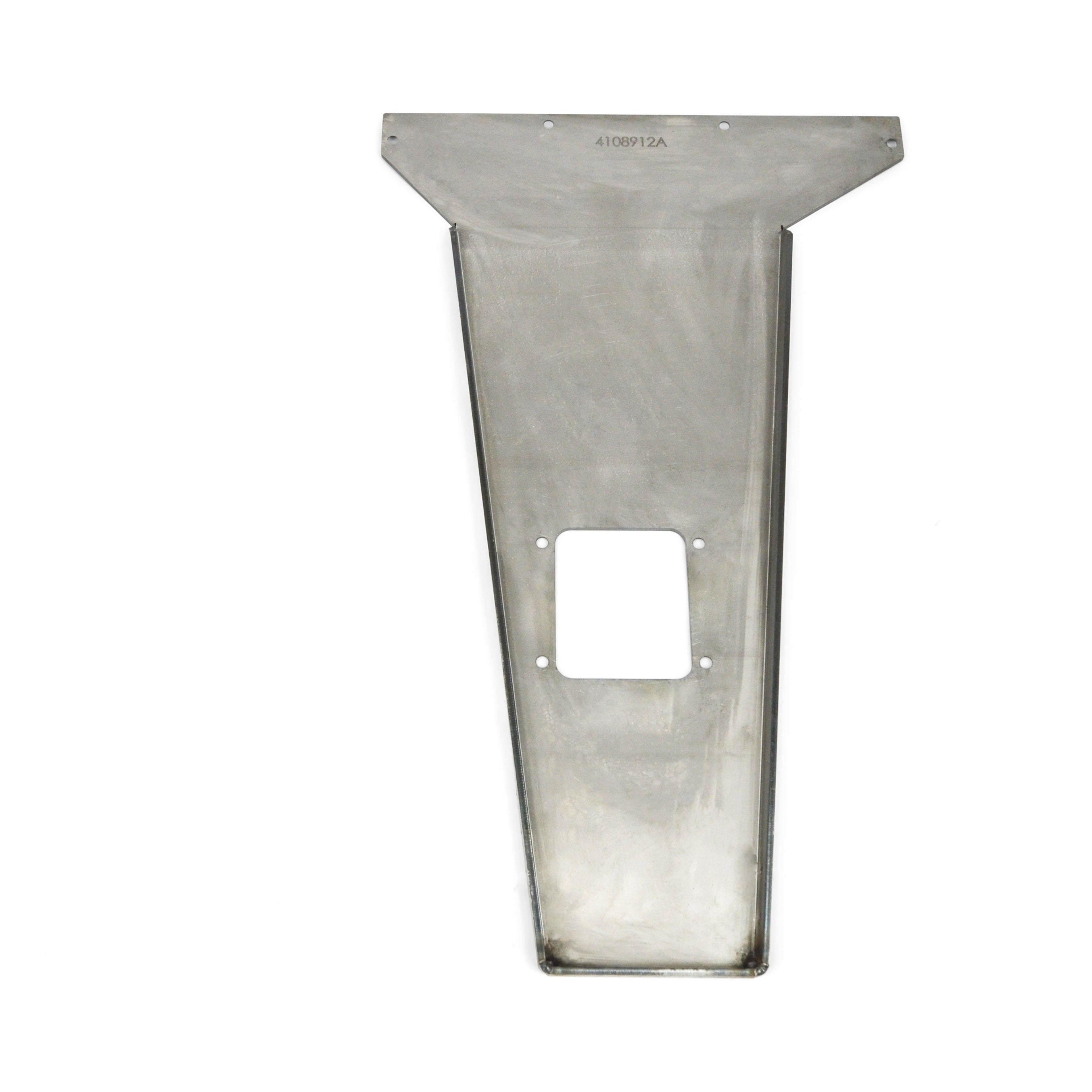 Steel skid plate for off-road vehicle with center cutout and mounting holes, top view