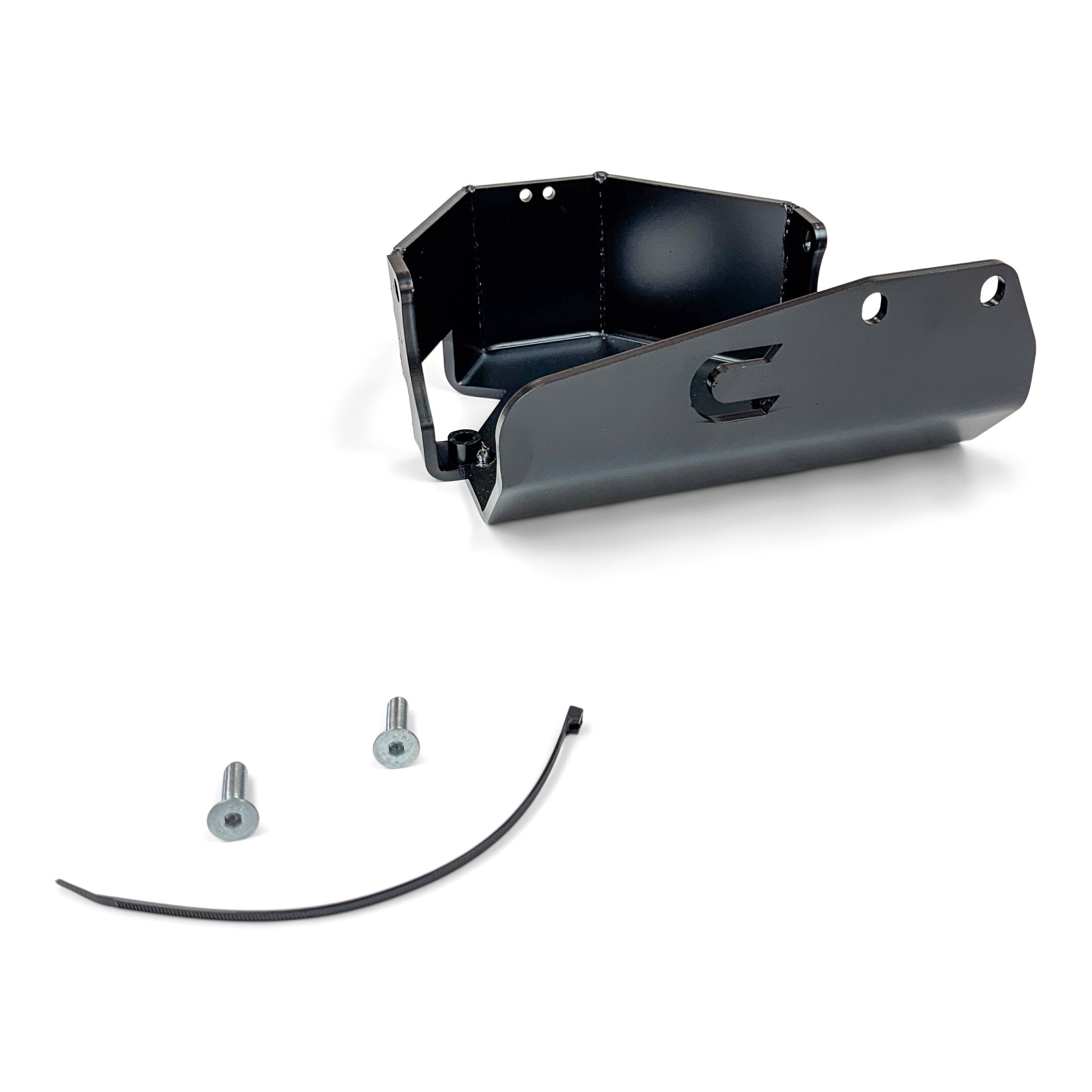 Black metal automotive bracket skid plate with two bolts and a zip tie for off-road vehicles