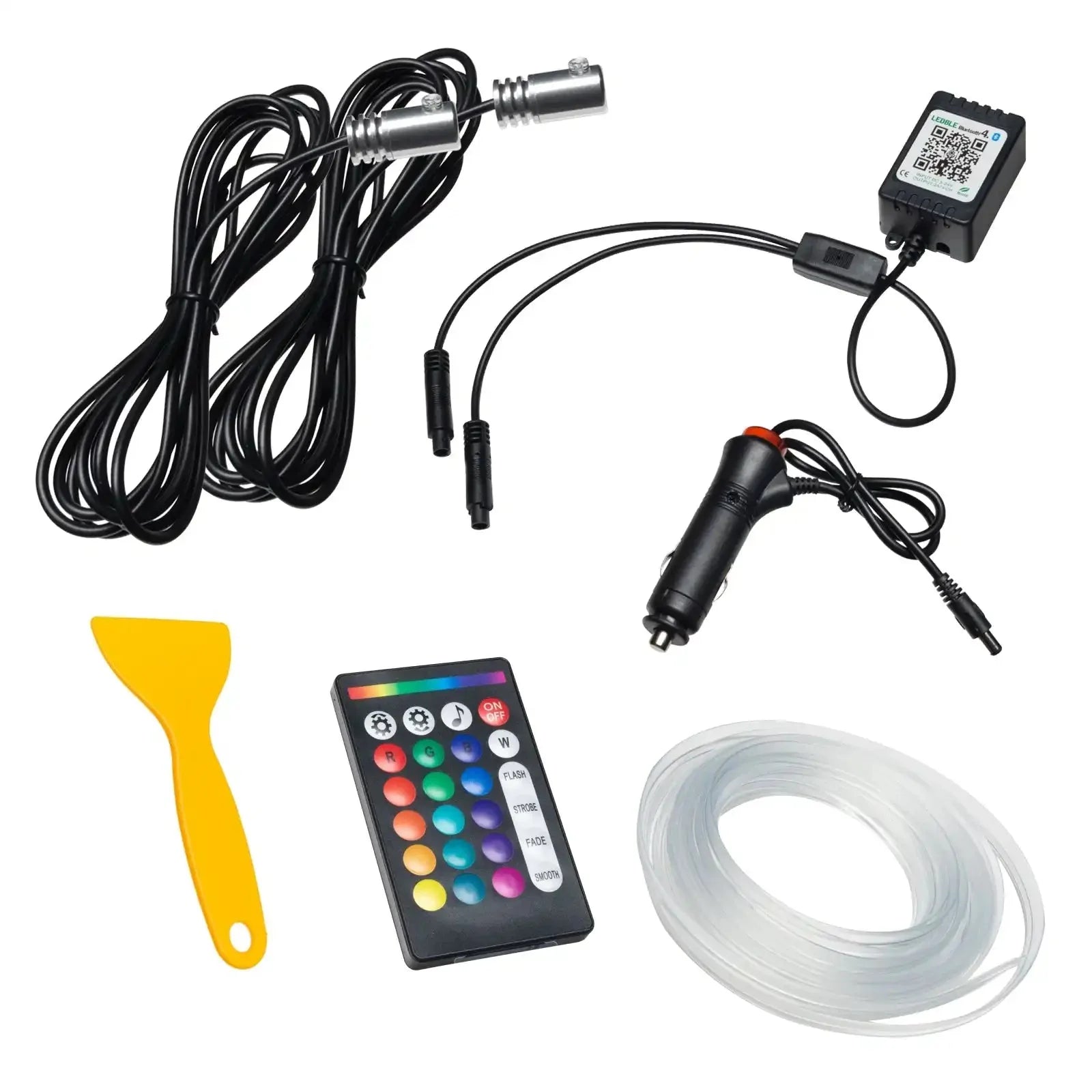 RGB LED car interior ambient light kit with remote, wiring, control box, yellow tool, and tubing