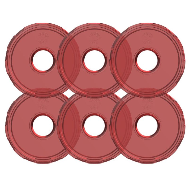 Set of six red circular plastic discs with central holes, gear accessory parts