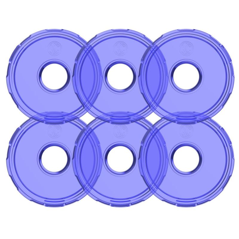Set of six round blue plastic discs for overlanding gear or automotive accessories