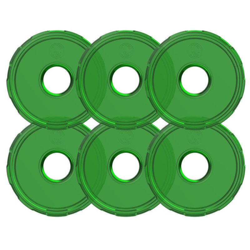 Set of six green translucent plastic discs with center holes, arranged in two rows